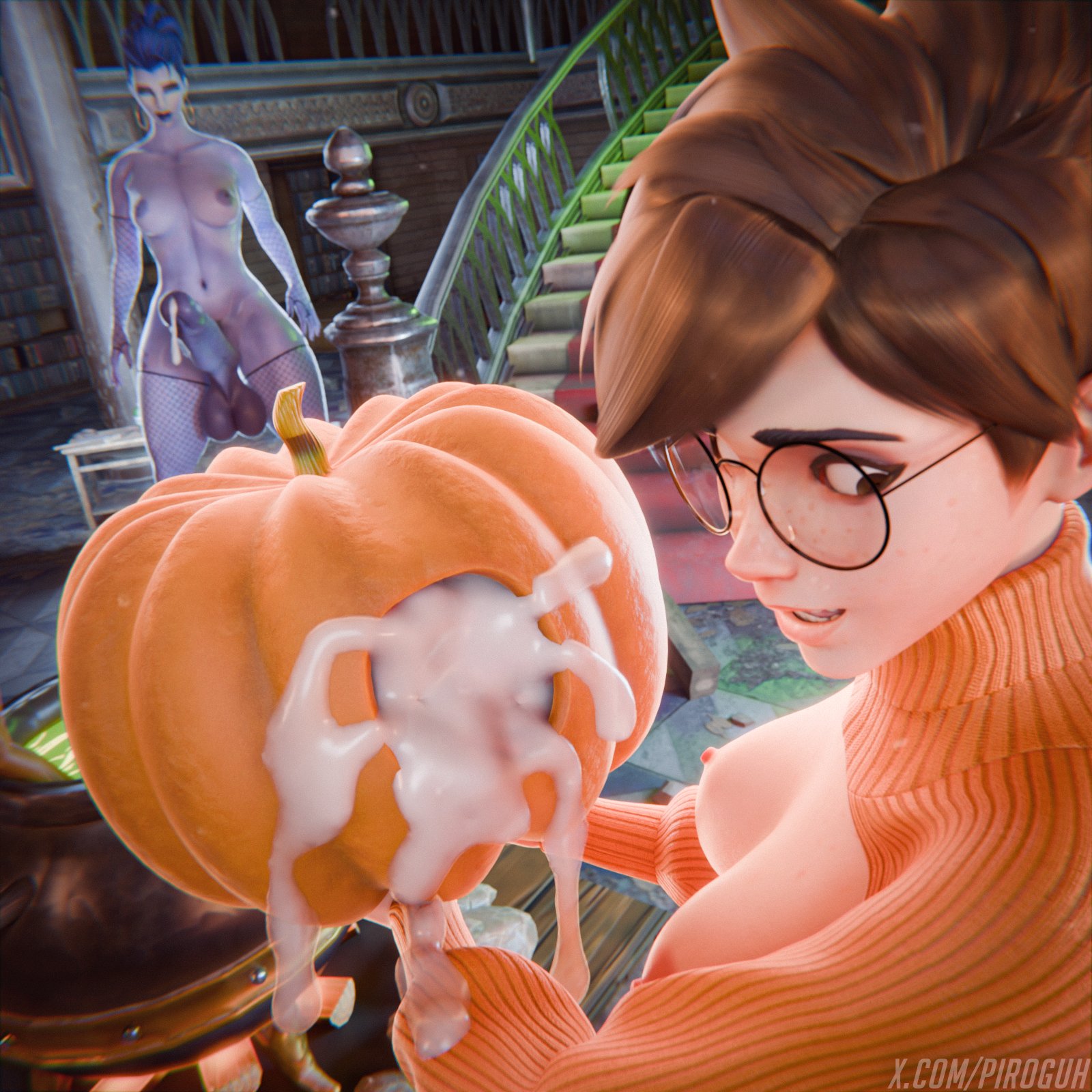 1futa, 1girls, 3d, 3d (artwork), abs, after ejaculation, balls, blizzard entertainment, bottom heavy, breasts, brown hair, bubble butt, child bearing hips, clothed female, clothing, cum in container, cum in food, cum in pumpkin, curvaceous, curvaceous female, curvy female, curvy hips, earrings, eyeliner, eyeshadow, female, fishnet armwear, fishnet clothing, fishnet legwear, fishnet thighhighs, fishnets, fit, fit female, freckles, freckles on face, functionally nude, functionally nude female, functionally nude futa, futanari, glasses, gold earrings, hoop earrings, hourglass figure, huge areolae, huge ass, huge breasts, huge nipples, huge penis, huge testicles, intersex, large areolae, large ass, large breasts, large nipples, large penis, large testicles, light skin, light-skinned female, long hair, makeup, navel, nude, nude female, nude futa, nyl widowmaker, orange sweater, overwatch, pale skin, pale-skinned female, partially clothed, penis, piroguh, ponytail, pumpkin, pumpkin masturbation, ribbed sweater, semen, short hair, shrug (clothing), standing, testicles, thick thighs, tied hair, toned, toned body, toned female, toned futa, toned stomach, top heavy, tracer, twitter link, veins, veiny penis, velma dinkley (cosplay), video game, video game character, video game franchise, watermark, wide hips, widowmaker