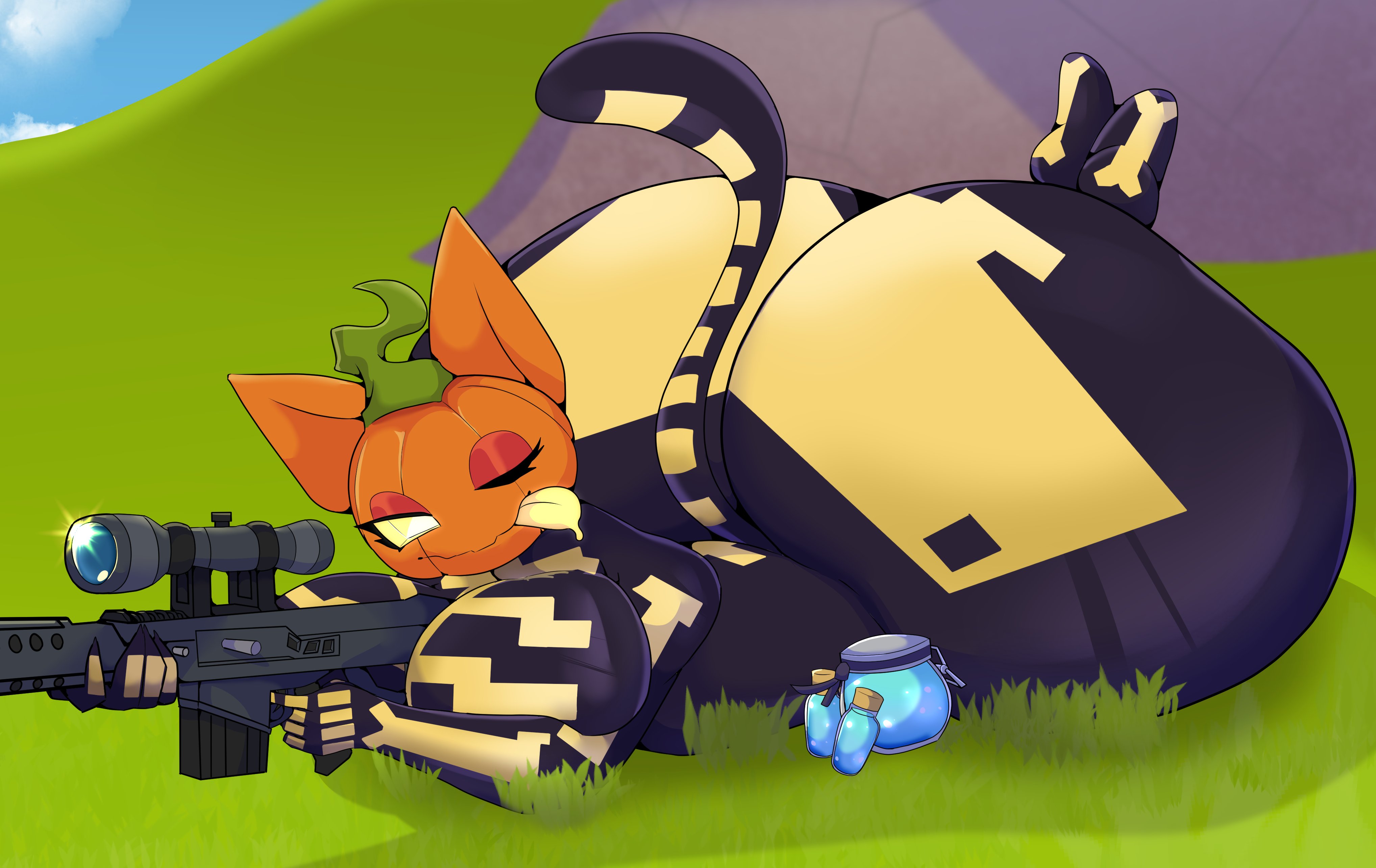 1girls, 5 fingers, anthro, ass, big ass, blep, bottom heavy, breasts, bubble butt, cat girl, epic games, eyelashes, feet up, female, female only, fortnite, fortnite: battle royale, furry, huge ass, katdrawsalot, laying down, laying on stomach, mascara, move fatass your blocking my view i cant get a good shot, one eye closed, pumpkin head, sniper rifle, solo, spice (fortnite), tagme, tail, tongue out, yellow eyes, yellow tongue
