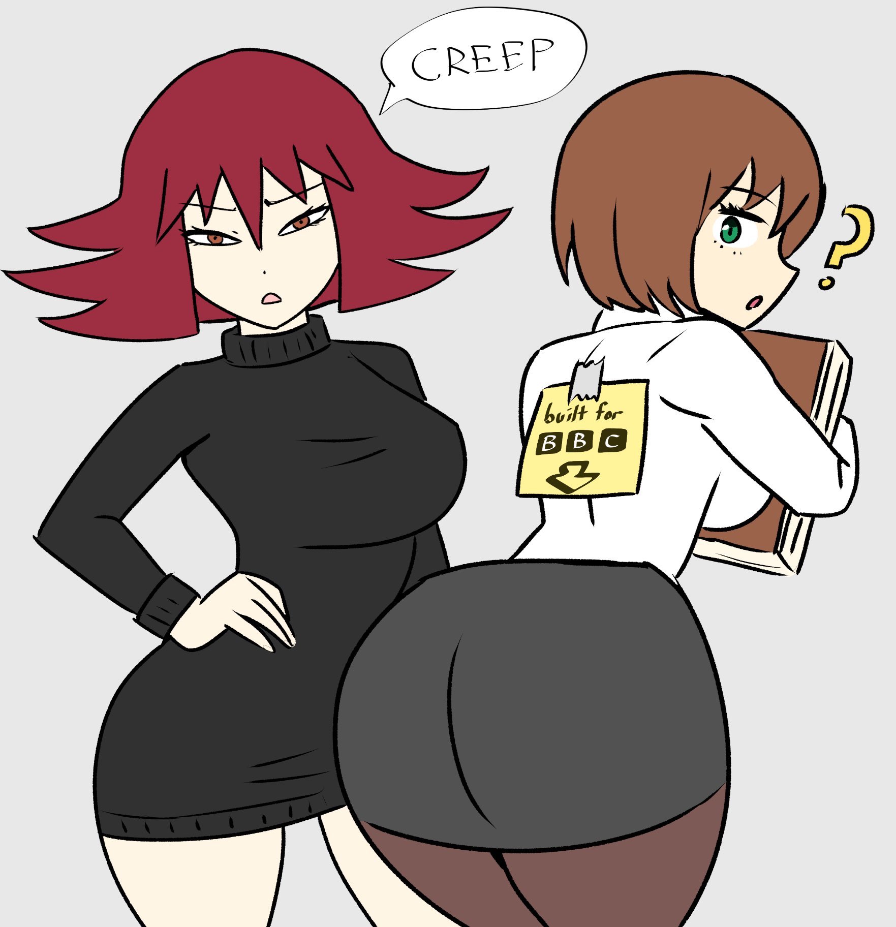 ?, 2girls, ass, ass in skirt, back, big ass, big breasts, big butt, black shirt, book, breasts, british broadcasting corporation, brown eyes, brown hair, busty, clueless, collared shirt, curvaceous, curvy, curvy female, curvy figure, dialogue, english text, fat ass, female, female focus, female only, green eyes, hand on hip, hi res, high resolution, highres, history teacher (lowgradef), holding book, holding object, huge ass, huge butt, kick me, large ass, large breasts, light skin, light-skinned female, long hair, lowgradef (copyright), math teacher (lowgradef), mature, mature female, medium hair, milf, multiple females, multiple girls, note, note on back, oblivious, prank, red hair, simple background, skirt, speech bubble, tagme, text, thick thighs, thighs, turtleneck, turtleneck sweater, unaware, voluptuous, voluptuous female, white shirt, ytrall