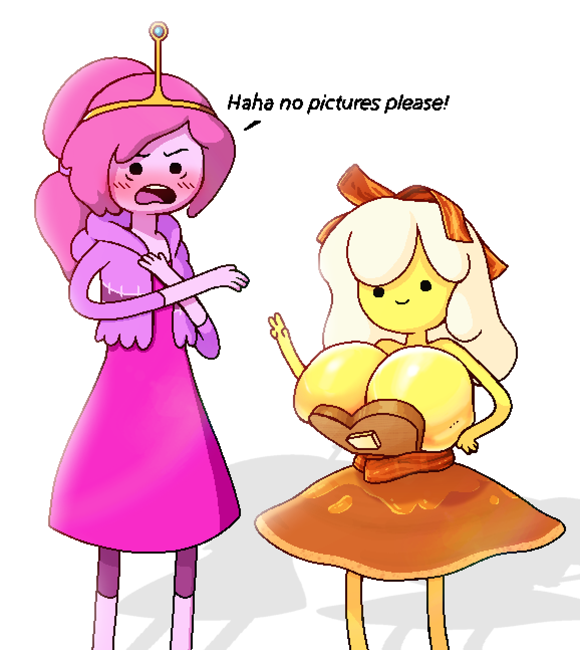 2girls, adventure time, barely contained breasts, big breasts, breakfast princess, breast envy, breasts, breasts bigger than head, cleavage, embarrassed, english text, female, huge breasts, large breasts, pink hair, pink skin, princess bubblegum, senor9, senordraws, shortstack, speech, text, yellow skin