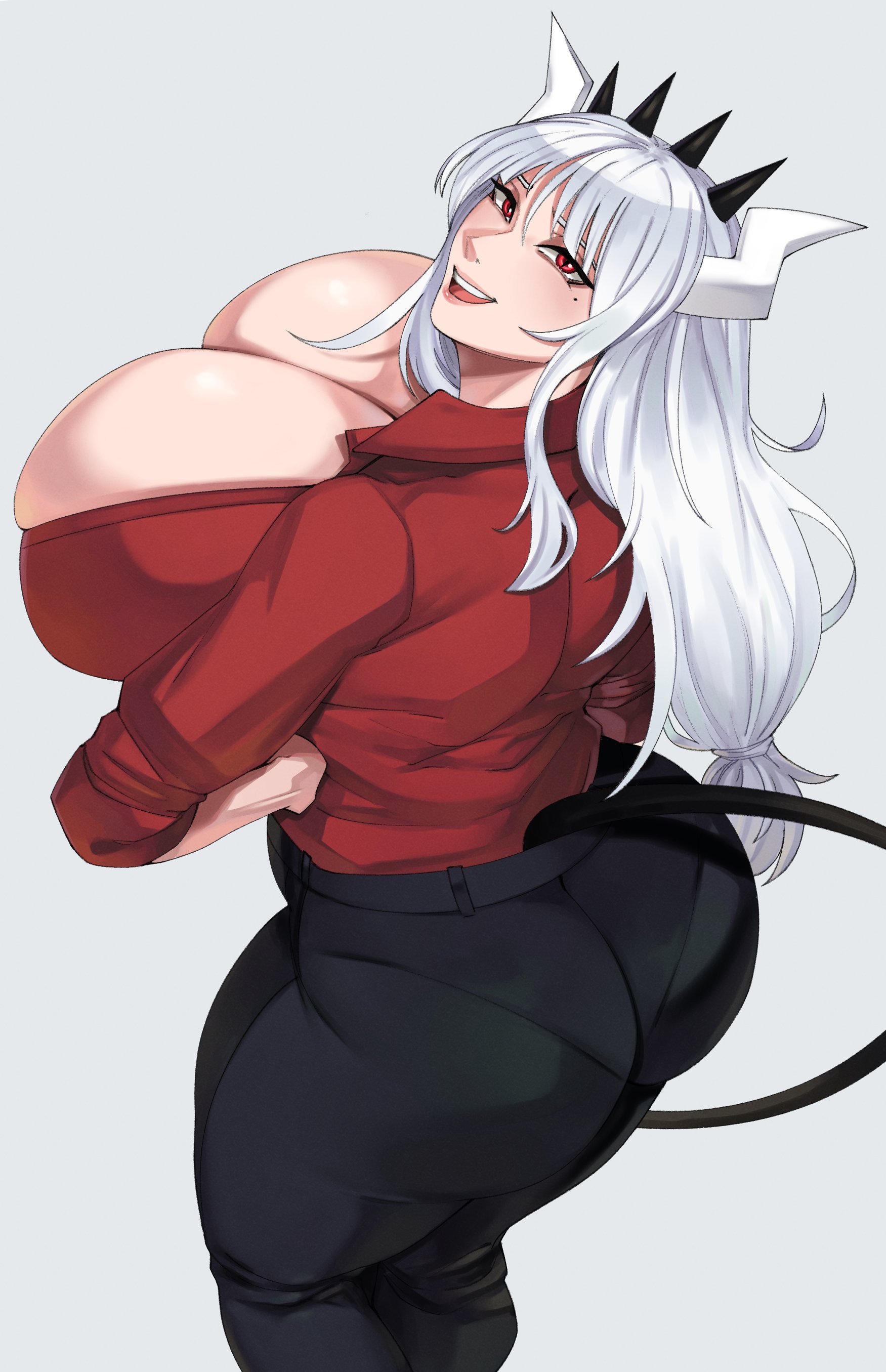 1girls, ass, back view, big ass, big breasts, big butt, breasts, female, female only, gigantic breasts, helltaker, huge ass, huge breasts, lucifer (helltaker), standing, strongmoist