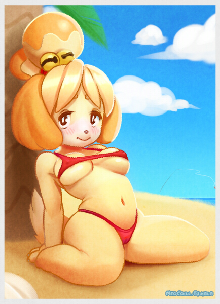1girls, alternate breast size, animal crossing, anthro, bikini, breasts, canine, domestic dog, female, female only, isabelle (animal crossing), kneeling, navel, neocoill, nintendo, solo, underboob
