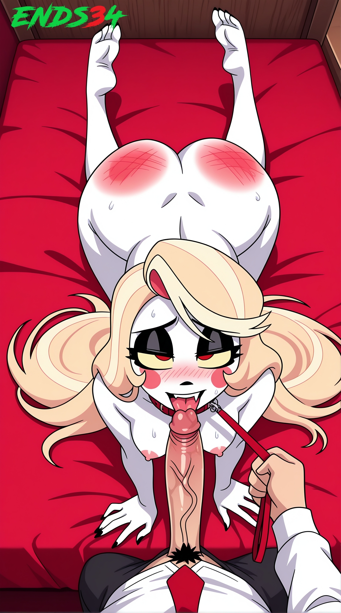 ai generated, blonde hair, breasts, charlie morningstar (hazbin hotel), ends34, female, female focus, hazbin hotel, long hair, male, medium breasts, penis, white body