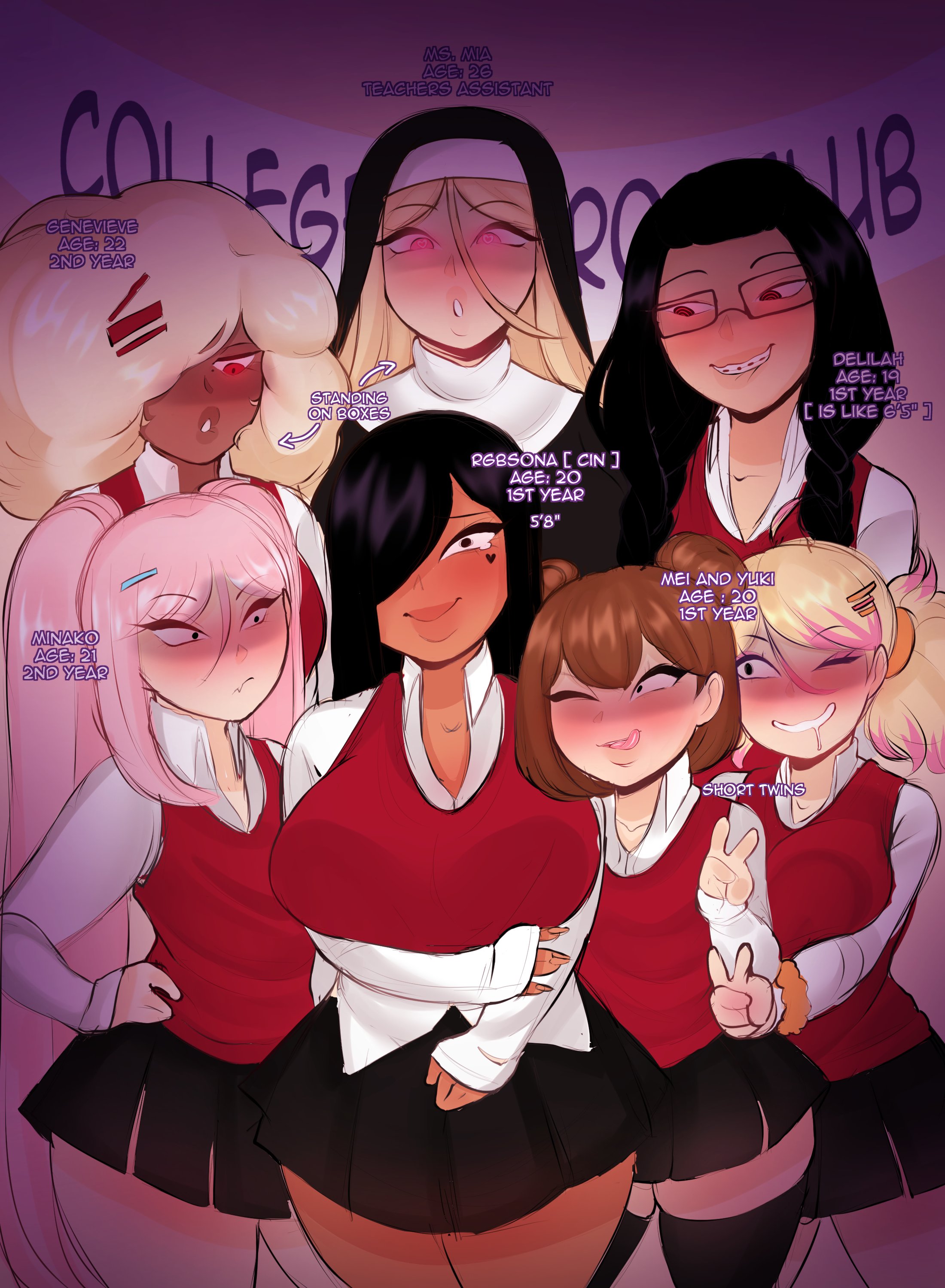 6+girls, 7girls, black hair, blonde hair, cinnabus, cinnabus drew a white woman, delilah (cinnabus), female, genevieve (cinnabus), glowing, glowing eyes, horny, imminent rape, latina, mei (cinnabus), minako (cinnabus), ms. mia (cinnabus), multiple females, multiple girls, nun, obsessed, obsession, original, original character, original characters, pink hair, school uniform, schoolgirl, shy, skirt, smile, smiling, smiling at viewer, sona (cinnabus), stare, student, tagme, teacher, teacher and student, teeth, teeth showing, teeth visible, thick, thick bottom lip, thick legs, thick lips, thick thighs, thigh highs, thighhighs, thighs, yuki (cinnabus), yuri