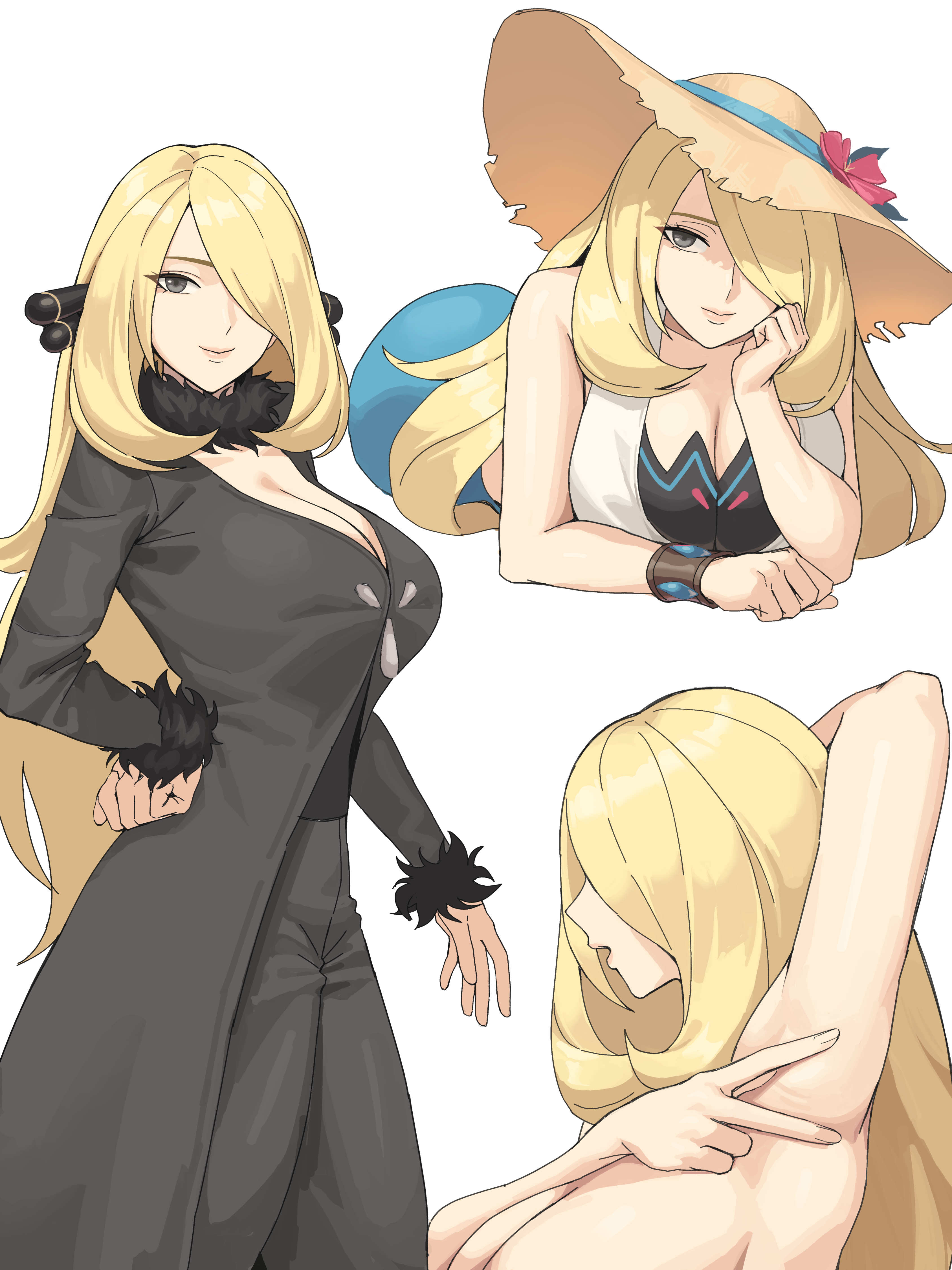 absurdres, armpits, bikini, black dress, black pants, blonde hair, breasts, cleavage, cynthia (pokemon), cynthia (summer 2025) (pokemon masters), dress, female, fur collar, fur trim, fur-trimmed sleeves, grey eyes, hair ornament, hair over one eye, hat, head rest, highres, ksksksa, large breasts, long hair, looking at viewer, lying, nintendo, nude, pants, pokemon, pokemon dppt, pokemon masters, pokemon masters ex, smile, solo, straw hat, sun hat, swimsuit, v, very long hair, white bikini