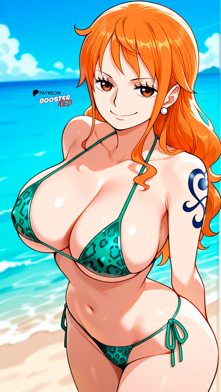 1girls, ai generated, arm tattoo, beach, bikini, blue tattoo, boosterred99, collarbone, female, female only, illustrious (stable diffusion), leopard print, leopard print bikini, long hair, nami (one piece), naughty face, ocean, one piece, orange eyes, orange hair, orange-haired female, pony diffusion xl, red hair, sand, tattoo, thong bikini