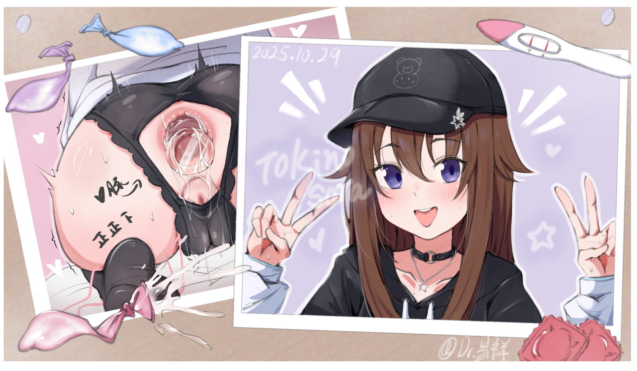 anus, ass, condom, cum, dildo, double v, hololive, hololive gen 0, hololive japan, photo, pregnancy test, pussy, tokino sora, tokino sora (6th costume), used condom, v, virtual youtuber, yi xiang (pixiv12429066)