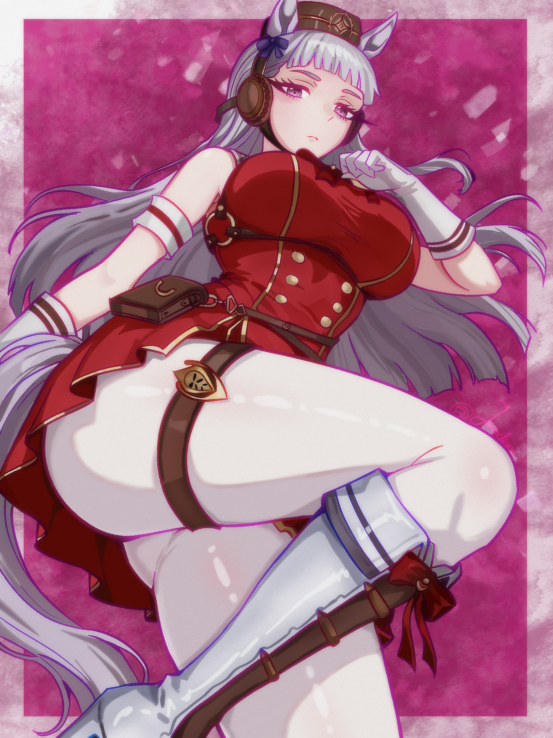 2d, 2d (artwork), 2d artwork, absurdres, animal ears, armband, belt pouch, blunt bangs, blush, boots, bow, bowtie, breasts, brown hat, closed mouth, digital drawing (artwork), digital media, digital media (artwork), dress, ear bow, female, gloves, gold ship (umamusume), grey hair, hat, highres, horse ears, horse girl, horse tail, junoelise, large breasts, leggings, long hair, looking at viewer, looking down, looking down at viewer, pantyhose, pillbox hat, pouch, purple bow, purple eyes, red armband, red bow, red dress, sleeveless, sleeveless dress, solo, striped armband, striped clothes, tail, thigh strap, thighs, umamusume, umamusume pretty derby, white armband, white boots, white gloves, white leggings, white pantyhose
