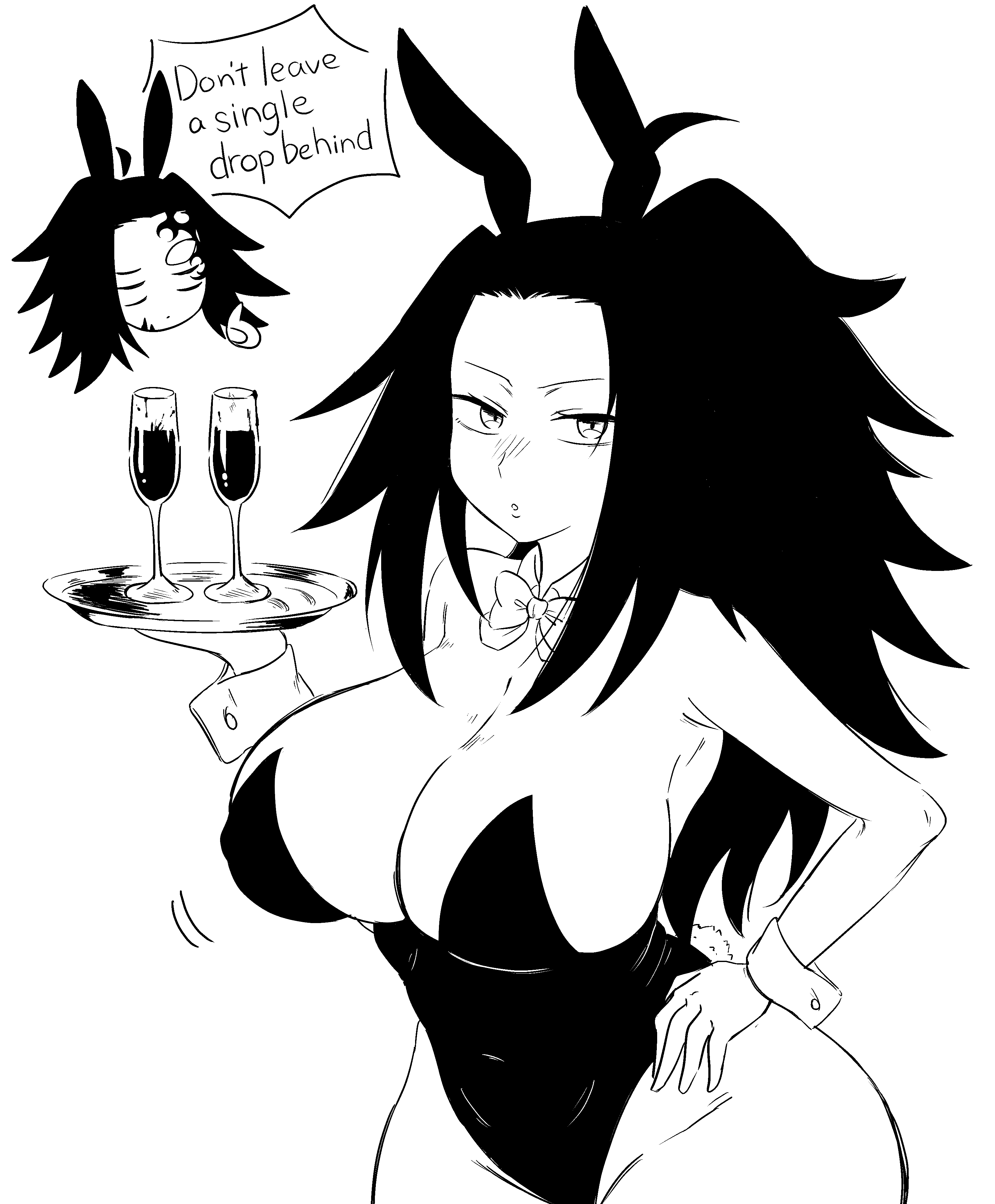 1boy1girl, 2025, animal ears, bare legs, bare shoulders, big breasts, black and white, black hair, breasts, bunny ears, bunnysuit, demon slayer, e dji3, english text, fake animal ears, female, hi res, kimetsu no yaiba, kokushibo, long hair, looking at viewer, male, michikatsu tsugikuni, rule 63, simple background, solo, text, white background, wide hips