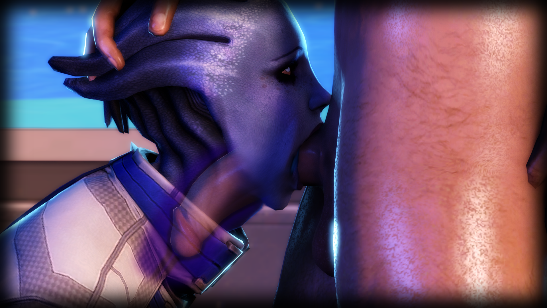 1girls, 3d, alien girl, asari, balls, balls deep, blue eyes, blue lipstick, blue skin, clothed female nude male, clothes, deepthroat, drooling, eye contact, eyeshadow, fellatio, female, freckles, gag, gagged, gagging, head grab, human, interspecies, irrumatio, kneeling, liara t'soni, lordaardvark, male, mass effect, mass effect 2, mass effect 3, nude, oral, slim, source filmmaker, straight, throat bulge, x-ray