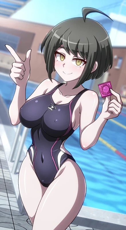 1girls, breasts, condom, condom wrapper, danganronpa, danganronpa ultra despair girls, female, green eyes, inviting to sex, naegi komaru, nipples visible through clothing, pool, poolside, swimsuit, thick thighs, thighs, ztm