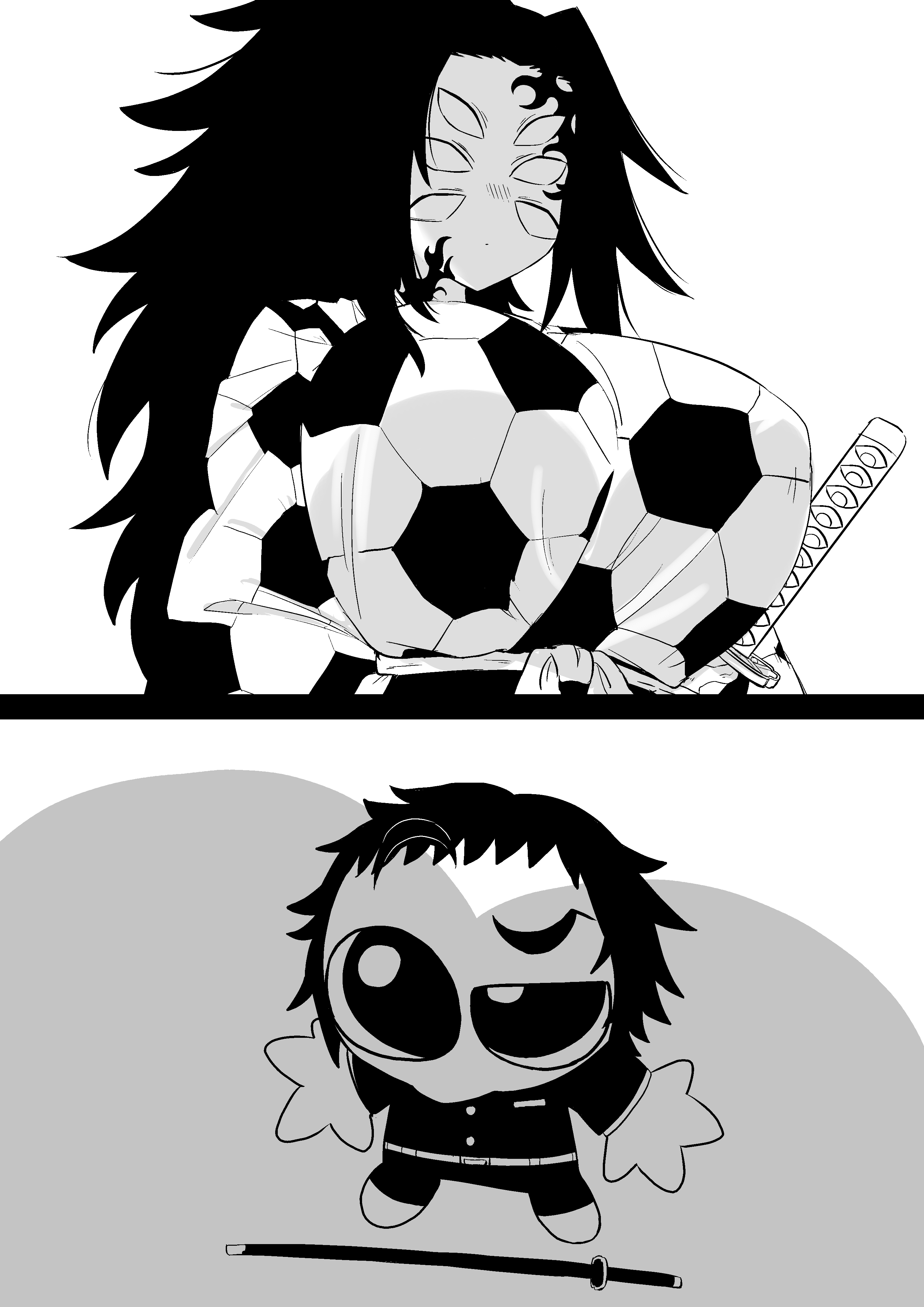 1boy1girl, 2025, 6 eyes, big breasts, black and white, black hair, breasts, clothed, clothing, demon girl, demon slayer, e dji3, female, hi res, kaigaku, kimetsu no yaiba, kokushibo, long hair, male, male/female, michikatsu tsugikuni, rule 63, shadow, sword