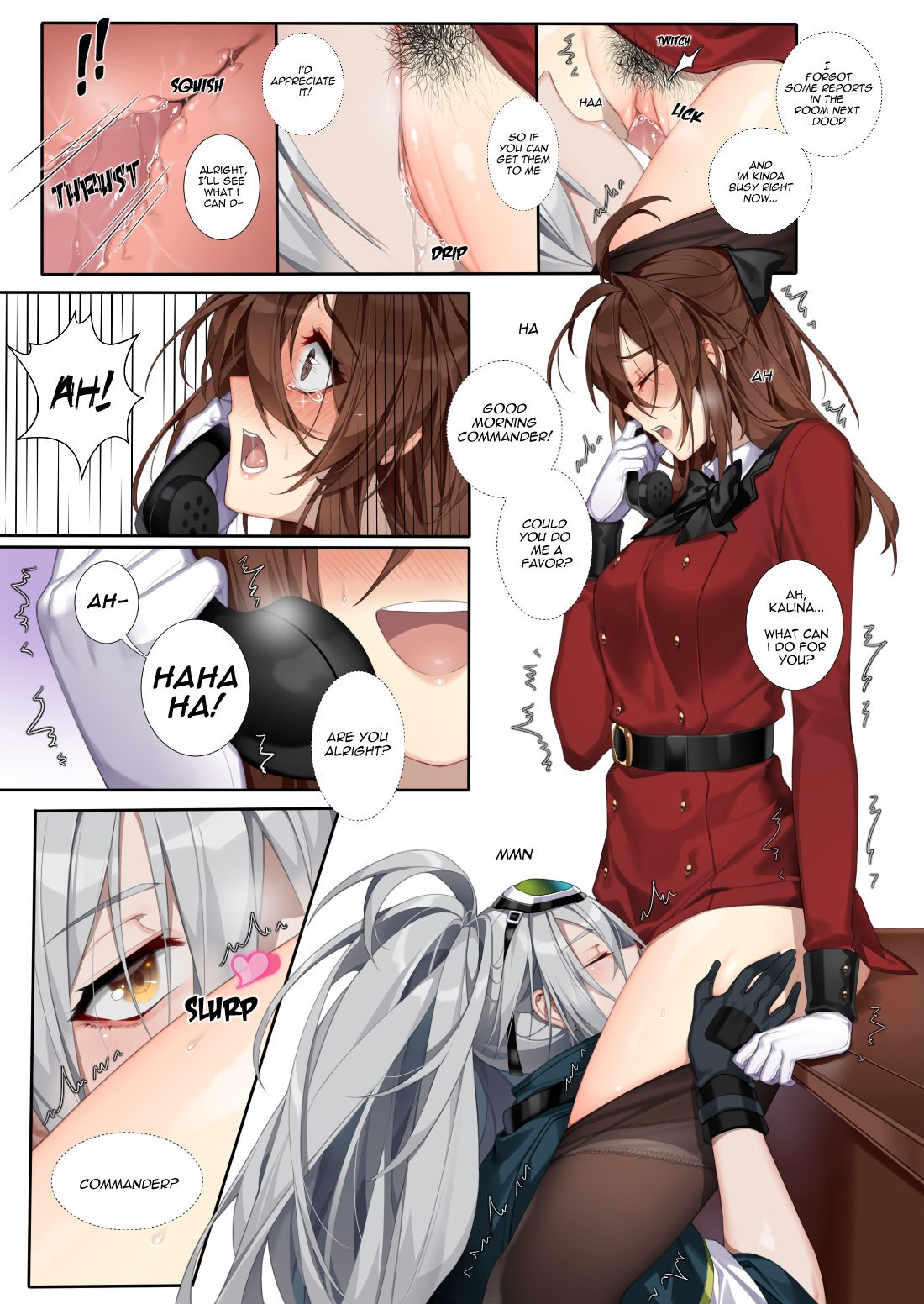 2girls aek-999_(girls'_frontline) ahoge blush breasts brown_eyes brown_hair comic cunnilingus deathalice english_text eyebrows_visible_through_hair female_commander_(girls'_frontline) girls'_frontline gloves hair_between_eyes heart highres jacket licking long_hair looking_at_partner moaning multiple_girls oral pubic_hair pussy pussy_juice saliva shaking shirt spread_legs tongue very_long_hair yellow_eyes yuri