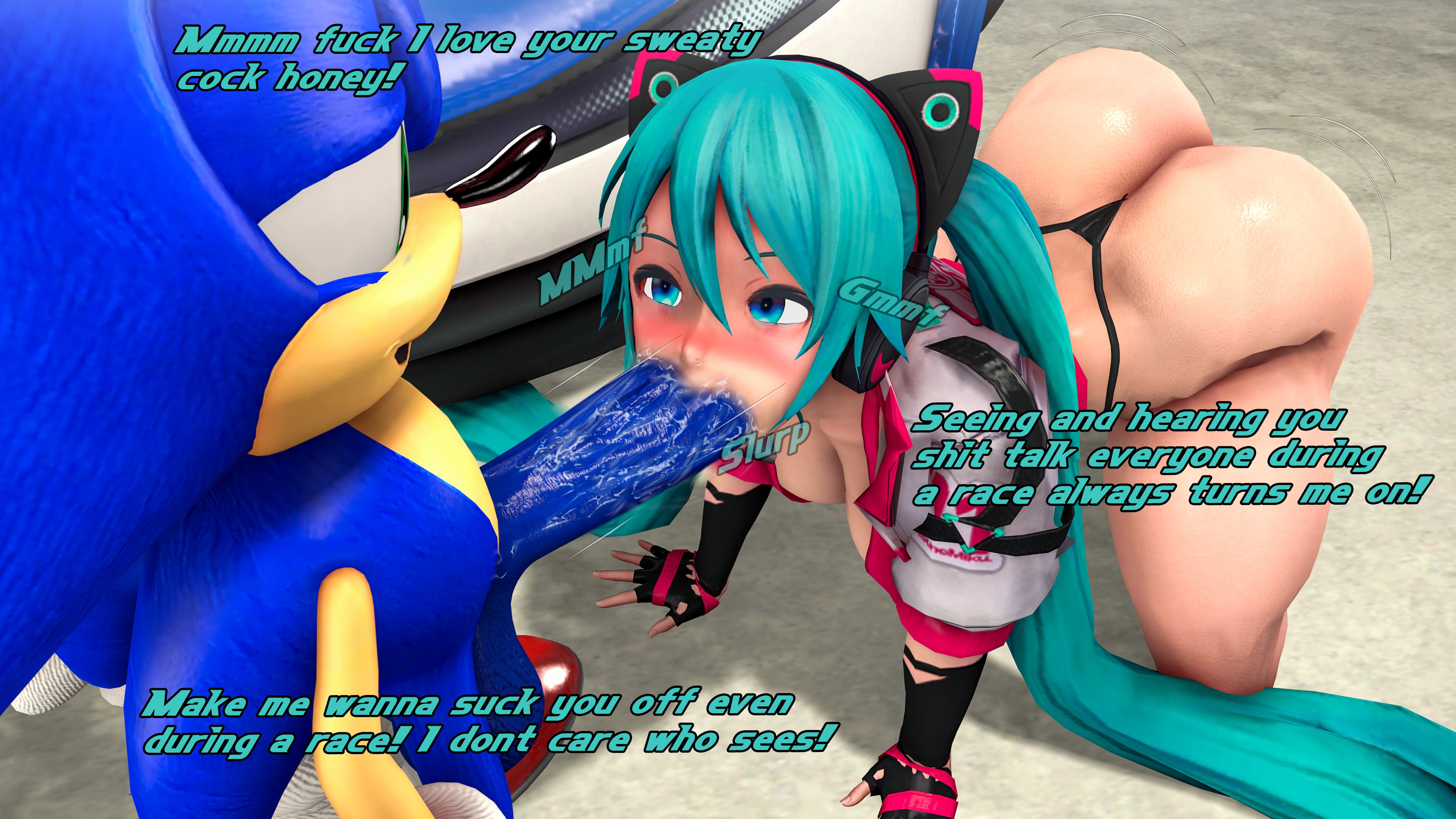1boy, 1girl, all fours, animal ears, anthro on female, aqua eyes, aqua hair, ass, blue eyes, blue penis, blush, breasts, cat ear headphones, crossover, cum in mouth, english text, fake animal ears, fellatio, female, fingerless gloves, furry male, g-string, gloves, hatsune miku, hatsune miku (sonic racing crossworlds), headphones, hetero, light-skinned female, long hair, medium breasts, oral, panties, penis, solo focus, sonic (series), sonic racing crossworlds, sonic the hedgehog, tagme, theboobedone, thong, thong bikini, torn clothes, twintails, uncensored, underwear, very long hair, vocaloid
