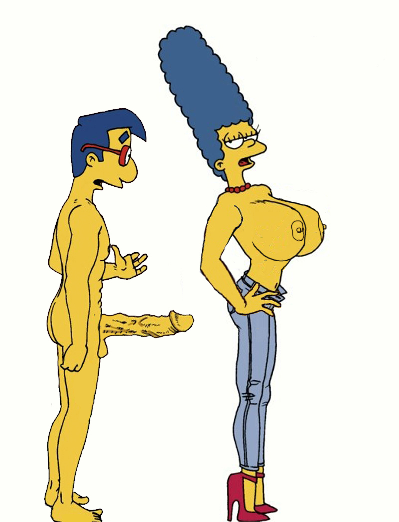 1boy1girl 3:4_aspect_ratio 4_fingers 4_toes alternate_breast_size blue_hair blue_hair_male breasts clothes color completely_naked completely_naked_male doughboi edit female glasses glasses_only high_heels huge_boobs human long_blue_hair long_hair_female male marge_simpson milhouse_van_houten nipples nude penis red_high_heel_boots short_blue_hair short_hair short_hair_male side_view standing straight testicles the_simpsons topless topless_female veiny_penis white_background yellow_skin