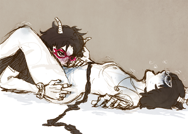 2girls, aranea serket, black hair, blush, braided hair, breasts, cunnilingus, female, female only, glasses, grey background, homestuck, horns, lick, licking, long hair, meenah peixes, ms paint adventures, multiple females, multiple girls, necklace, nipples, nude, oral, orgasm, pussy, short hair, tongue, troll, vasodilate, white skin, yuri