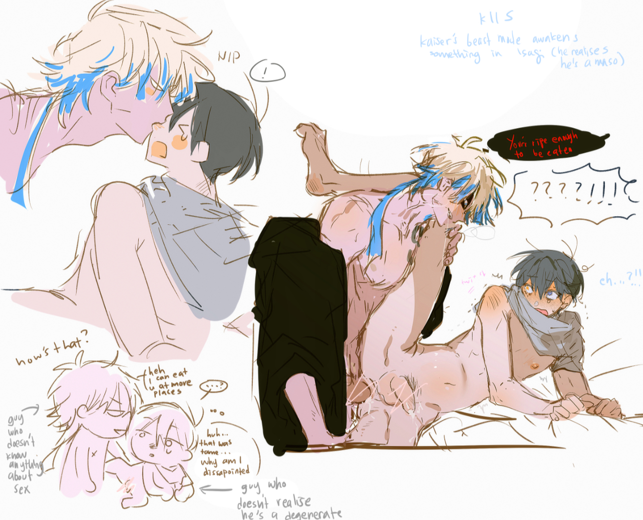 2boys, blue lock, excited, gay, inexperienced, inexperienced male, isagi yoichi, kaiser michael, male, michael kaiser, yaoi