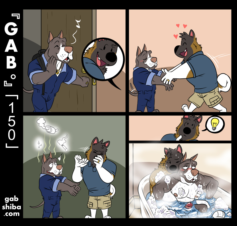 akita anthro bathing bathtub black_dot_eyes blush canid canine canis clothed clothing comic coveralls domestic_dog duo foam fur gabshiba genitals grabbing_from_behind great_dane grey_body grey_fur heart humanoid_genitalia humanoid_penis inside lightbulb lying male male/male mammal masturbation musical_note nipple_fetish nipple_pinch nipple_play nipples nude opening_door penile penile_masturbation penis penis_grab pinch pink_penis pit_bull relaxing romantic_couple ruff_bull smelly spitz steam stink_lines tailwag voff_akita water