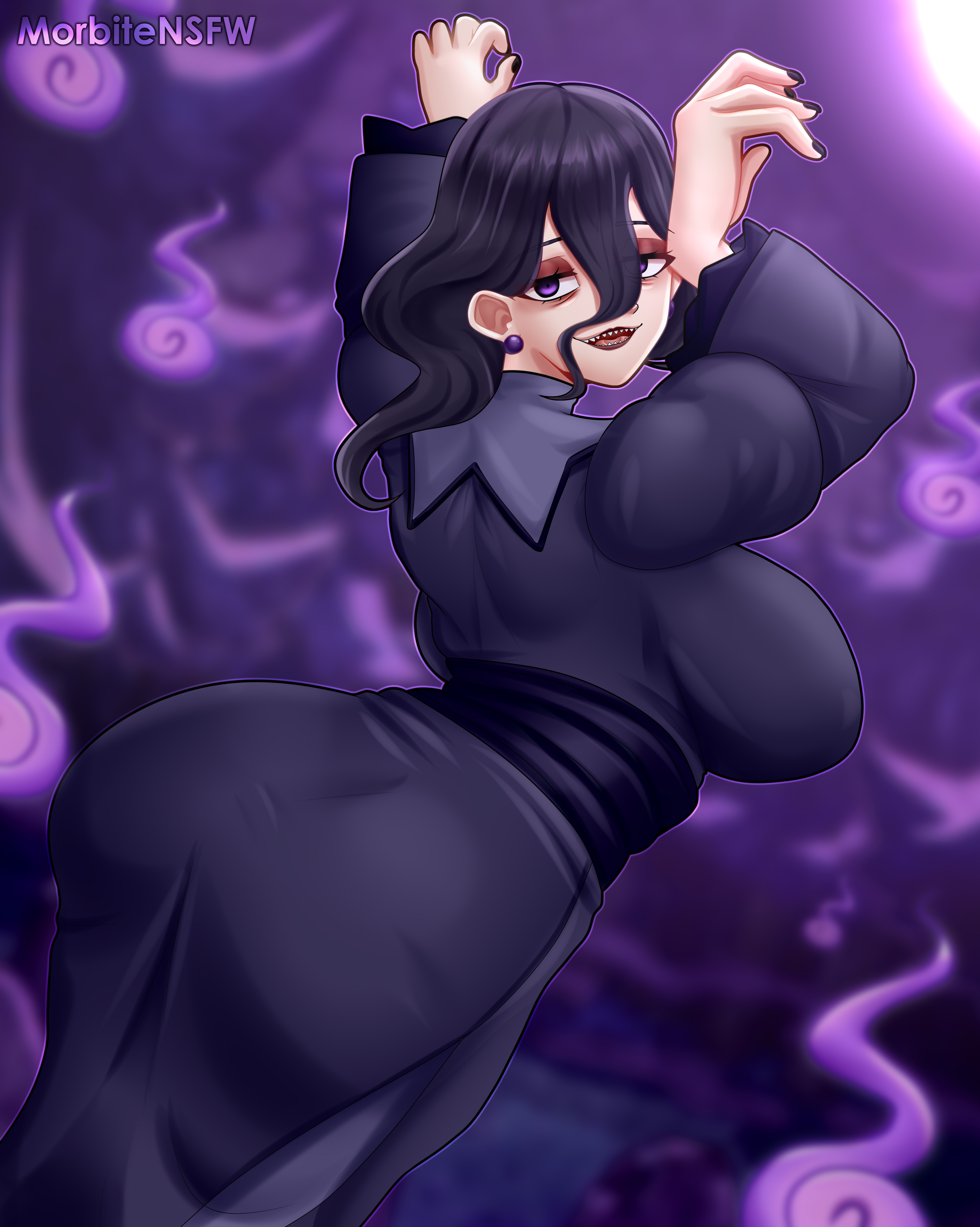1girls, alternate version available, ass, ass in dress, big ass, big breasts, black nail polish, black nails, breasts, clothing, dress, ear piercing, earrings, female, female only, game freak, hair, half-closed eyes, hex maniac, hex maniac (pokemon legends: z-a), huge ass, huge breasts, long hair, looking back, morbite, nail polish, nails, occult maniac (pokemon legends: z-a), occult maniac (pokemon), occult maniac (z-a), pokemon, pokemon legends: z-a, purple dress, purple eyes, purple hair, solo, solo femaleoccult maniac