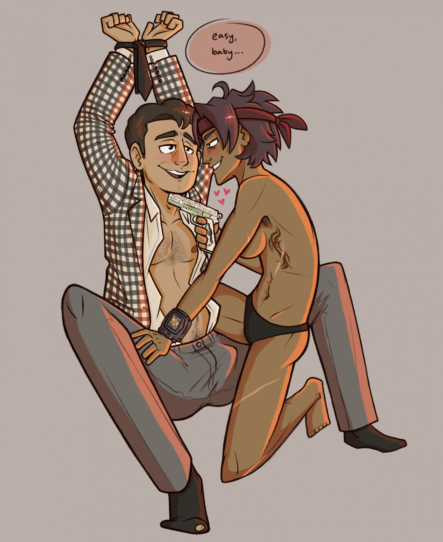 1boy, 1girls, 2022, belly, benny gecko, blush, bondage, bound, breasts, bulge, clothing, dark skin, dialogue, digital drawing (artwork), dominant, dominant female, duo, erection, erection under clothes, fallout, fallout new vegas, female, firearm, gun, gunplay, hairy chest, handgun, hands tied, human, human only, littlestfuzz, male, male/female, navel, necktie, no source, open shirt, scar, smile, smirk, submissive, submissive male, tattoo, tenting, the courier (fallout), underwear, weapon