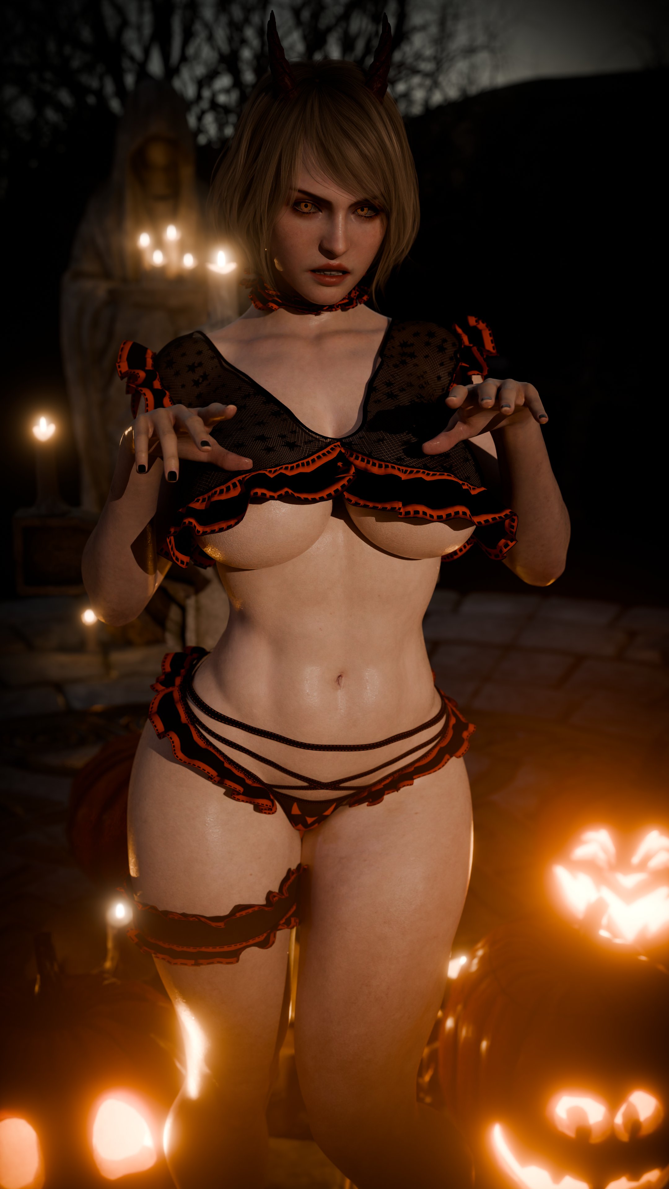 1girls, 3d, 3d (artwork), ashley graham, ashley graham (ella freya), big breasts, blonde hair, breasts, busty, capcom, female, female focus, female only, halloween, halloween costume, hourglass figure, orange eyes, pinup, pinup pose, r3xstone, resident evil, resident evil 4, resident evil 4 remake, tagme, wide hips