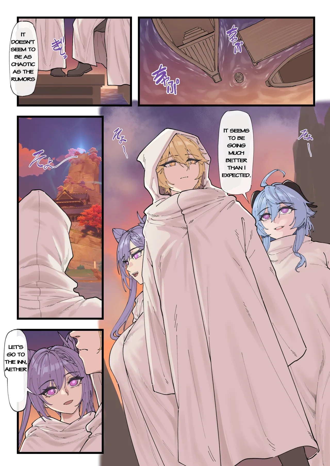 aether (genshin impact), bare shoulders, black dress, black pantyhose, blue hair, breasts, cheating, dress, female, ganyu (genshin impact), genshin impact, goat horns, hair between eyes, hair ears, horns, hoyoverse, kein v, keinv, keqing (genshin impact), large breasts, light blush, long hair, maskwolf, medium breasts, mihoyo, netorare, nipples, nude, pantyhose, ponytail, purple eyes, purple hair, thighs, twintails