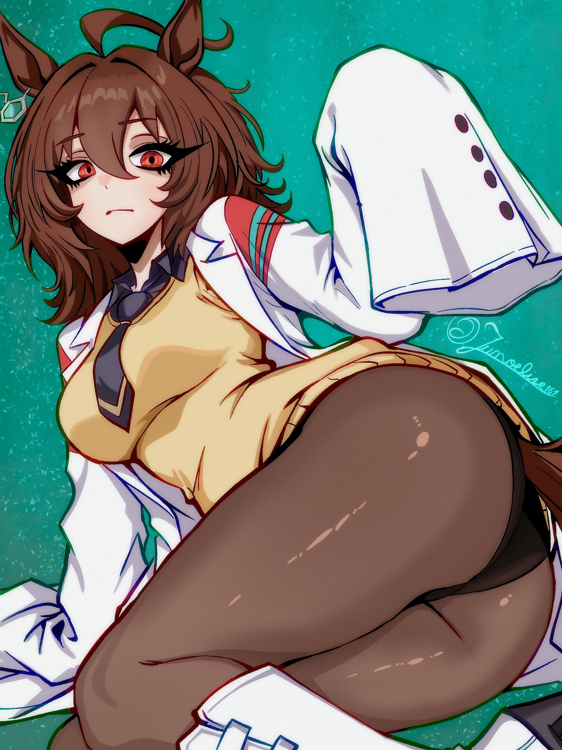 1girls, 2d, 2d (artwork), 2d artwork, absurdres, agnes tachyon (tach-nology) (umamusume), agnes tachyon (umamusume), ahoge, animal ears, ass, ass focus, big ass, big thighs, black necktie, black panties, boots, breasts, brown hair, brown pantyhose, closed mouth, clothed, clothing, coat, commentary, digital drawing (artwork), digital media, digital media (artwork), english commentary, female, female only, green background, hair between eyes, highres, horse ears, horse girl, horse tail, hourglass figure, huge ass, huge thighs, junoelise, lab coat, large ass, large thighs, long sleeves, looking at viewer, lying, medium breasts, necktie, panties, panties under pantyhose, pantyhose, pantyshot, red eyes, short hair, sleeves past fingers, sleeves past wrists, slim waist, solo, solo female, sweater vest, tail, thick, thick ass, thick thighs, thighs, umamusume, underwear, upskirt, white boots, wide hips, yellow sweater vest