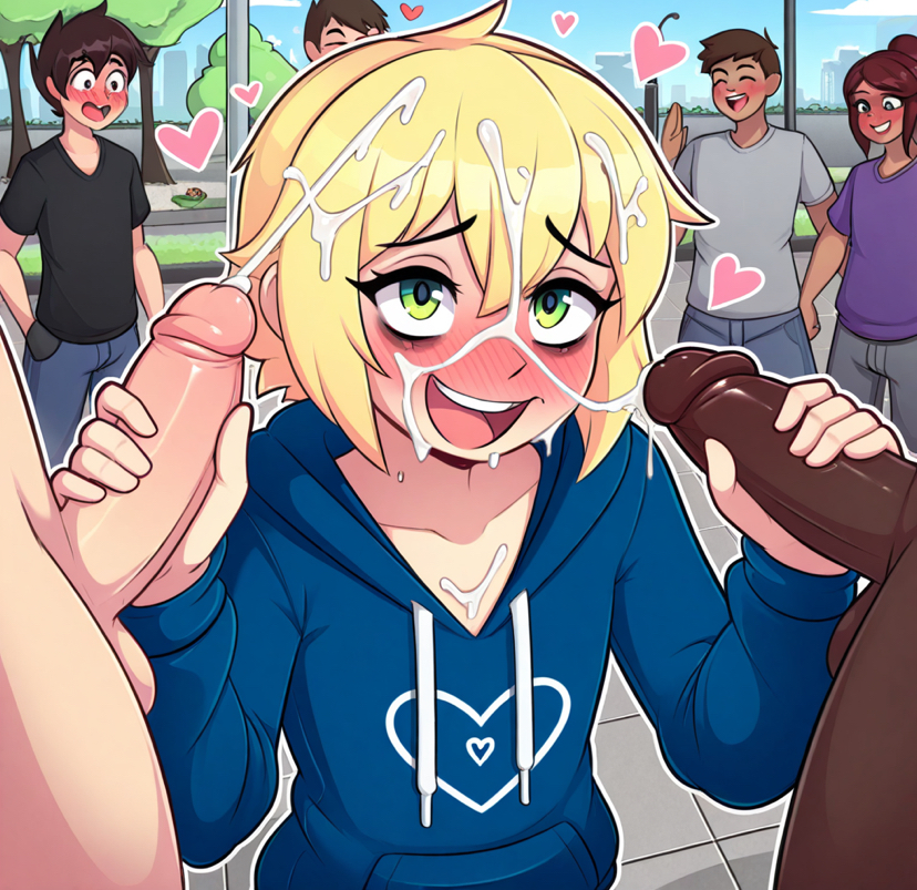 3boys, ai generated, blonde hair, blush, bukkake, cum, cum on face, cum on hair, cumshot, dark-skinned male, excited, facial, femboy, green eyes, handjob, hearts around head, hoodie, in public, interracial, light-skinned male, male, massive penis, multiple boys, multiple males, penis, public, smaller male, yaoi