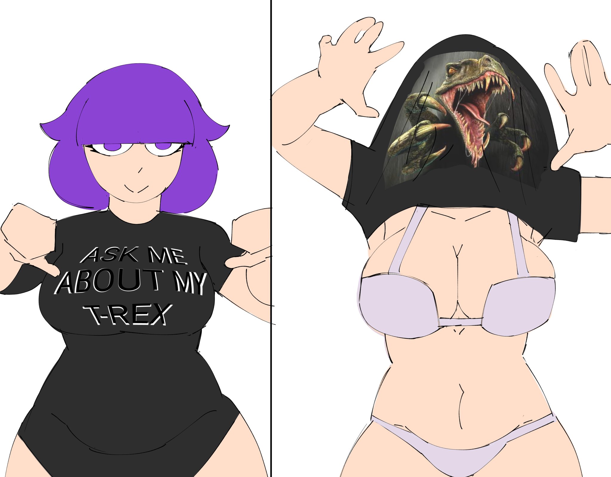 big breasts, boobs out, breasts, chubby, chubby female, clothed, dinosaur, elizabeth (hoequinox), female, funny, hoequinox, original character, panties, purple hair, seductive, underwear