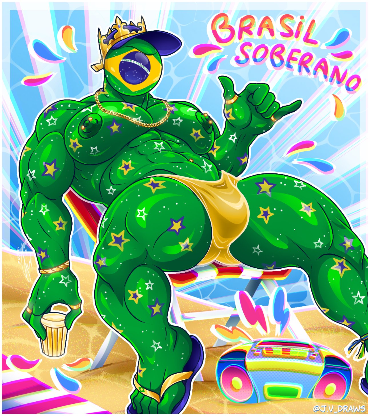 1boy, bara, beach, beach background, big belly, big bulge, big muscles, big nipples, big pecs, brazil, brazil (countryhumans), brazilian, brazilian flag, brazilian male, chilling, countryhumans, countryhumans boy, feet, gay, green body, green skin, hat, hot, huge muscle, huge muscles, huge nipples, huge pecs, jv draws, jx drawings, jxdrawings, male, male only, muscles, muscular, muscular male, portuguese text, sandals, seated, stars, summer, swimsuit, swimwear, toes, underwear, yaoi, yellow swimsuit, yellow underwear