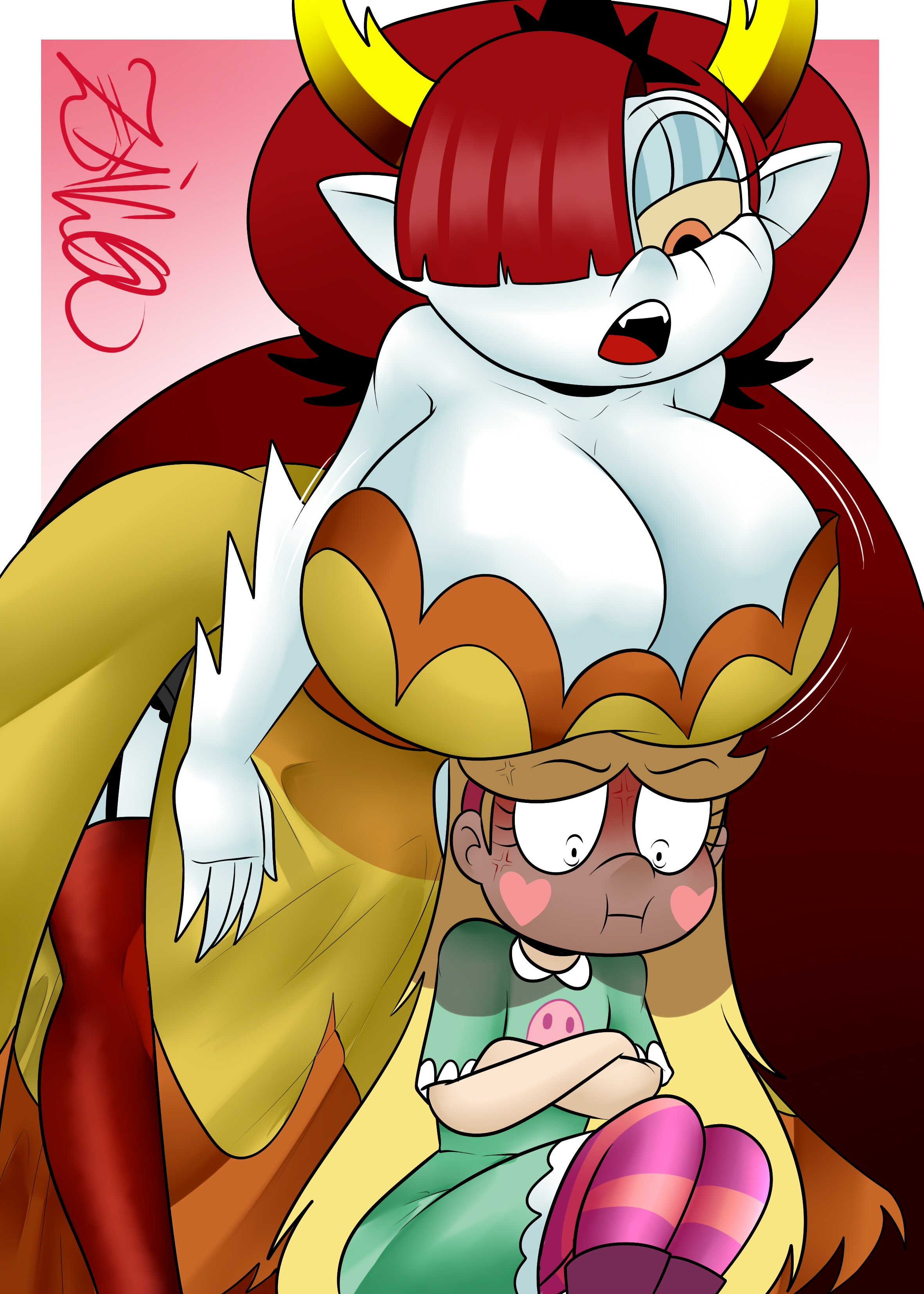 big ass, big breasts, blonde hair, blush, breast envy, breasts, bully, bullying, demon, demon girl, demon horns, disney, dress, exocomics, eyebrows visible through hair, eyelashes, female, flat chest, flat chested, ginger, ginger hair, hekapoo, huge breasts, lingerie, makeup, massive breasts, red hair, size comparison, size difference, star butterfly, star vs the forces of evil, stockings, tagme, tshirt