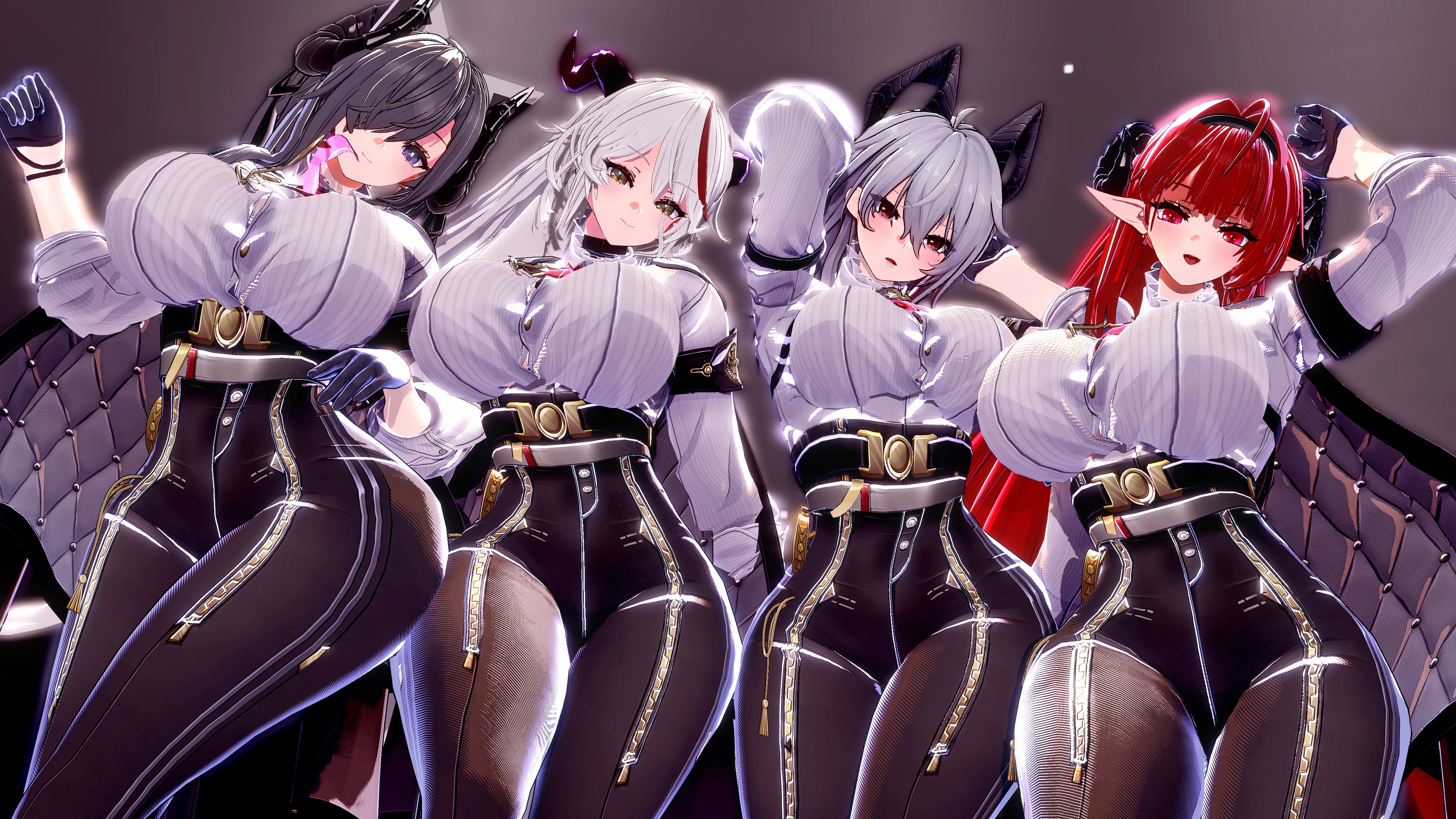 2025, 4girls, aegir (azur lane), arms behind head, august von parseval (azur lane), azur lane, big breasts, black hair, breasts, clothed, clothing, demon horns, elf ears, female, female only, grey hair, hi res, hindenburg (azur lane), horns, iron blood (azur lane), legwear, looking at viewer, looking down, pantyhose, red eyes, shadow, shirt, solarhandlight, thick thighs, thighs, white hair, wuthering waves, zani (wuthering waves)