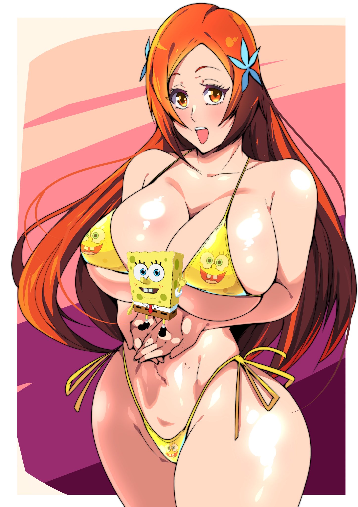 1girls, 2025, big breasts, big hips, bikini, bleach, breasts, cleavage, crack pairing, crack ship, crossover, eastern and western character, female, fortnite, human, inoue orihime, light-skinned female, long hair, nickelodeon, open mouth, orange hair, smile, sponge, spongebob squarepants, spongebob squarepants (character), spongebob underwear, yellow bikini, youngpvch