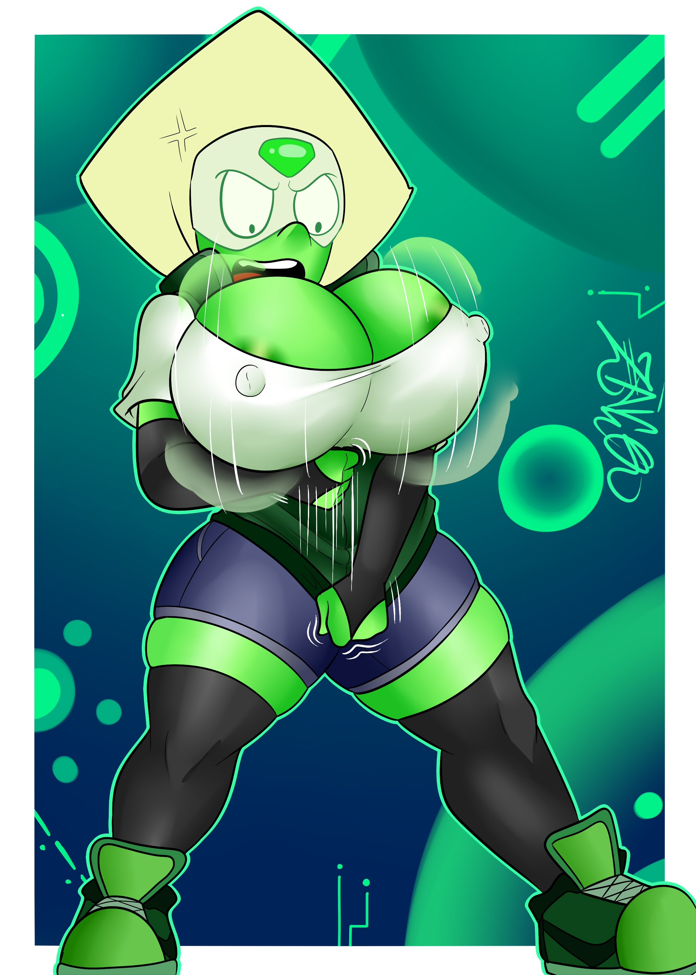 anger vein, angry, angry expression, angry face, areola, areola slip, areolae, barely contained, barely contained breasts, big ass, big breasts, bimbo, bra, breasts, breasts too big, cartoon network, cleavage, determined, determined to fit, dressing, erect nipples, erect nipples under clothes, exocomics, female, gem (species), halloween, halloween costume, huge breasts, inconvenient boobs, inconvenient breasts, nipples, nipples visible through clothing, panties, peridot (steven universe), shoes, shorts, small clothes, steven universe, stockings, strained zipper, struggling to fit, tagme, thunder thighs, visor, wardrobe malfunction, zipper, zipper stuck, zipper wont zip