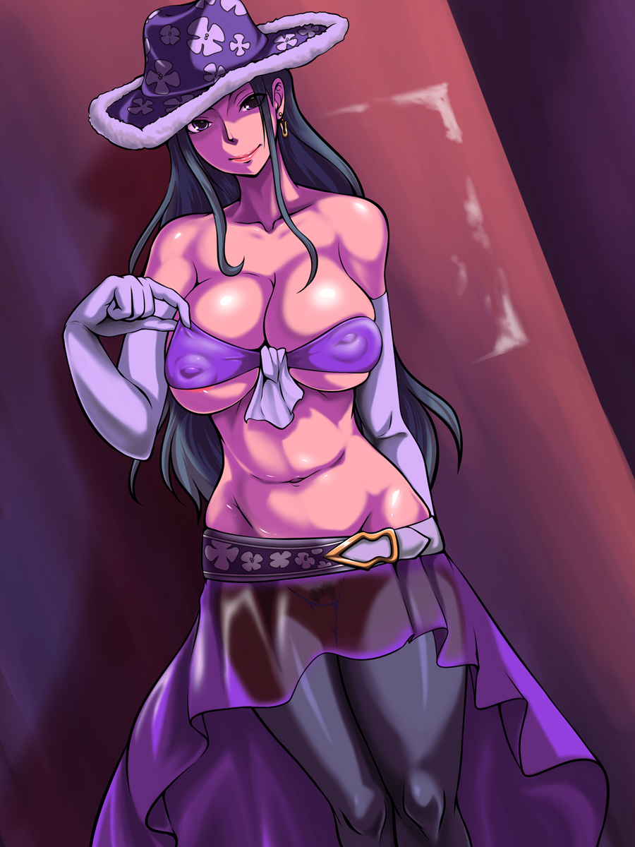 1girls areola black_hair blue_eyes breasts busty cleavage cowboy_hat earrings elbow_gloves female female_only gloves hat jewelry kuro_fn large_breasts looking_at_viewer midriff miss_all_sunday navel nico_robin no_panties one_piece pubic_hair see-through smile solo thigh_gap voluptuous