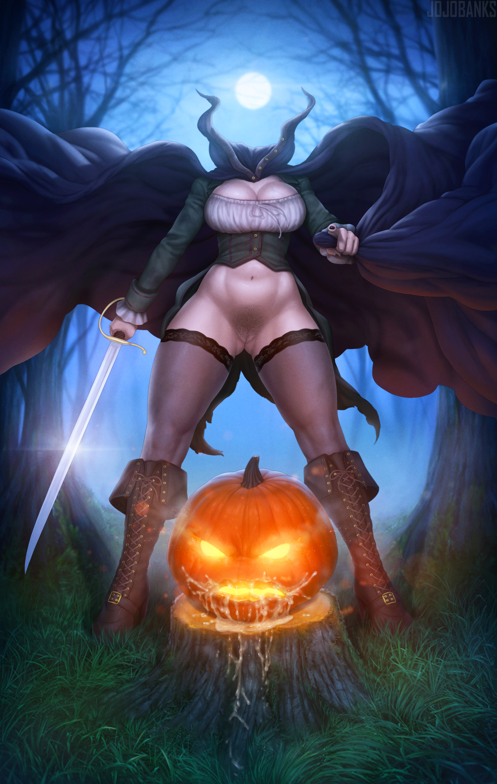 angry, angry face, bare bottom, big breasts, breasts, cleavage, cum, cum drip, cum in mouth, cum on face, digital art, digital drawing (artwork), fanart, female, finger pointing, flowing clothing, forest, halloween, halloween 2025, headless, headless horseman, headless woman, heel boots, jojobanks, monster girl, moon, moonlight, night, pubic hair, pumpkin, pumpkin head, rule 63, sleepy hollow, solo, solo female, solo focus, spooky, stockings, stockings thigh highs, sword, the legend of sleepy hollow, thick thighs, tree stump