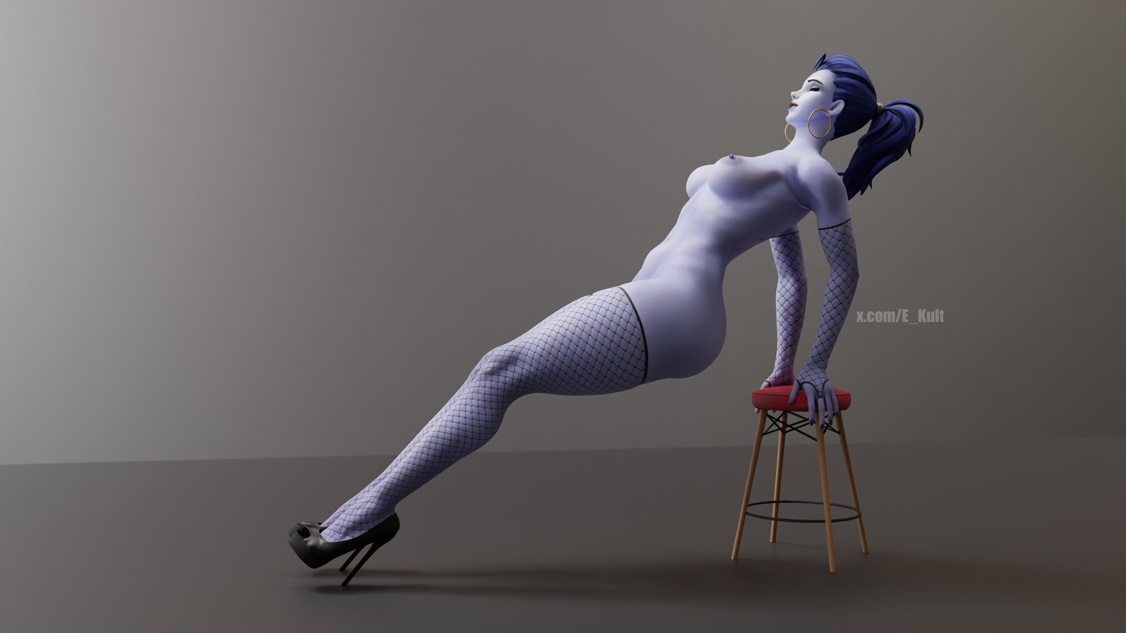 3d, alternate hairstyle, arched back, arm support, artist name, ass, bar stool, black footwear, blender (software), blue hair, blue skin, bow, breasts, chair, colored skin, e kult, earrings, elbow gloves, female, fishnet gloves, fishnet thighhighs, fishnets, from side, full body, gloves, hair pulled back, high heels, jewelry, leaning back, lipstick, long hair, makeup, medium breasts, naked footwear, nipples, nose, nude, nyl widowmaker, overwatch, overwatch 2, ponytail, purple hair, purple lips, purple skin, sitting, solo, stiletto heels, stool, thick thighs, thighhighs, thighs, toned, widowmaker