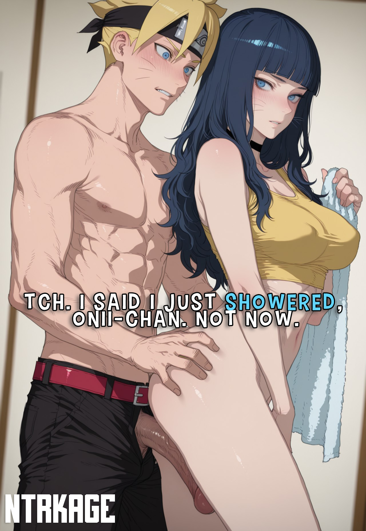 1boy, 1girls, abs, ai generated, ass grab, big penis, black hair, blonde hair, blue eyes, boruto: two blue vortex, bottomless, breasts, brother and sister, english text, female, hi res, highres, huge cock, imminent penetration, imminent sex, incest, large penis, long hair, male, medium breasts, naruto, naruto (series), ntrkage, penis, rubbing, self upload, slim waist, straight, uzumaki boruto, uzumaki himawari