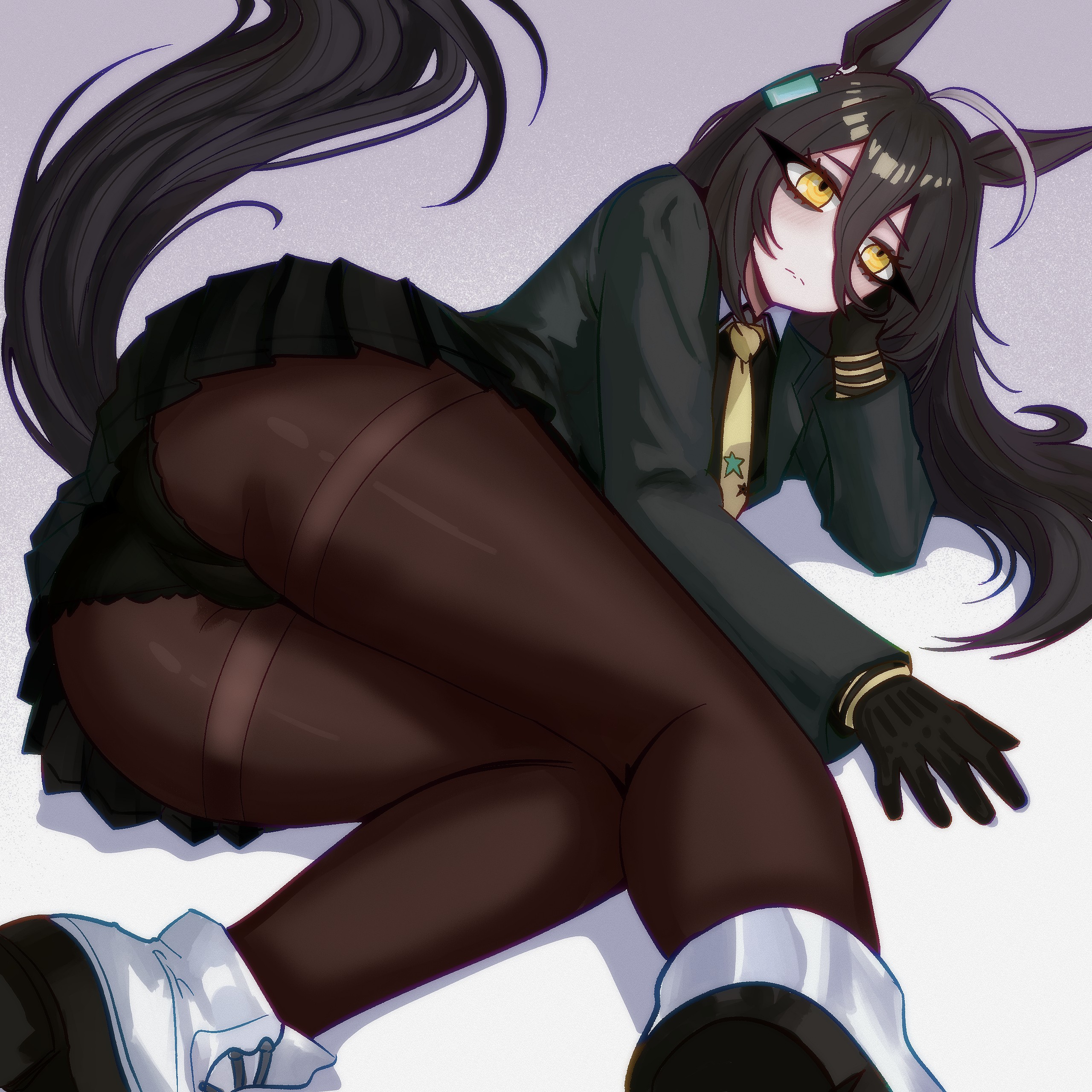 1girls, 2d, 2d (artwork), 2d artwork, absurdres, ahoge, animal ears, big ass, black coat, black gloves, black hair, black panties, black pantyhose, black skirt, closed mouth, coat, collared shirt, digital drawing (artwork), digital media, digital media (artwork), ear tag, earrings, female, female only, gloves, hair between eyes, highres, horse ears, horse girl, horse tail, huge ass, jewelry, junoelise, large ass, long bangs, long hair, long hair between eyes, long sleeves, looking at viewer, lying, manhattan cafe (umamusume), multicolored hair, necktie, on side, panties, panties under pantyhose, pantyhose, pantyshot, shirt, shoes, short skirt, simple background, single earring, skirt, skirt lift, solo, solo female, tail, thick, thick ass, thick thighs, thighs, umamusume, underwear, upskirt, very long hair, white hair, wide hips, yellow eyes, yellow necktie
