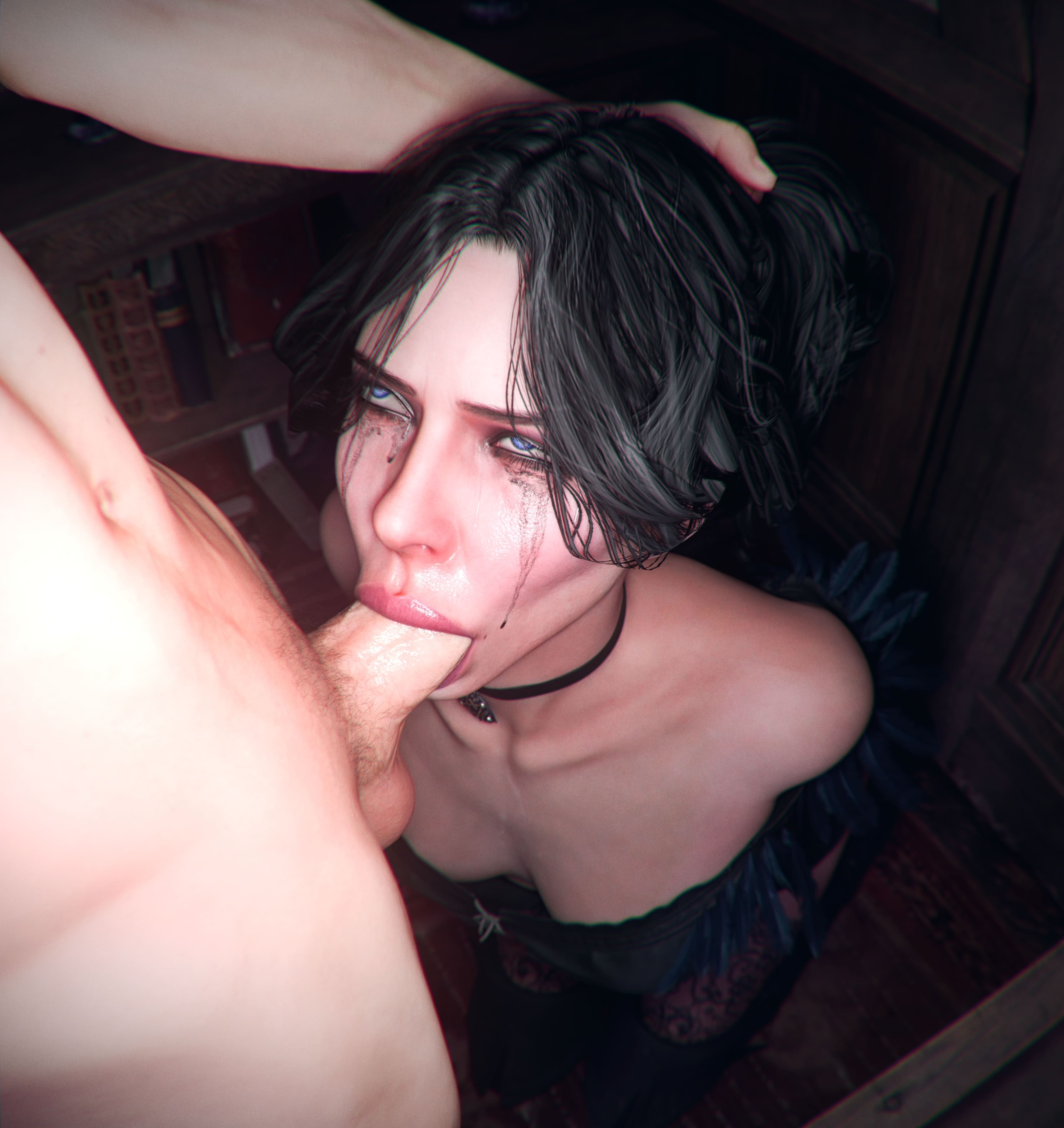 :>=, 1boy, 1girls, 3d, 3d (artwork), balls, black hair, blowjob, blowjob face, blue eyes, blue eyes female, cd projekt red, checkpik, choker, clothed, clothed female nude male, clothing, collarbone, deepthroat, fellatio, female, female focus, hand on head, kneeling, kneeling blowjob, kneeling oral position, lips, looking at partner, makeup, mole, mole under mouth, nude, nude male, on knees, oral, oral penetration, penis, penis in mouth, pubes, pubic hair, ruined makeup, sucking, sucking penis, the witcher (series), the witcher 3: wild hunt, yennefer