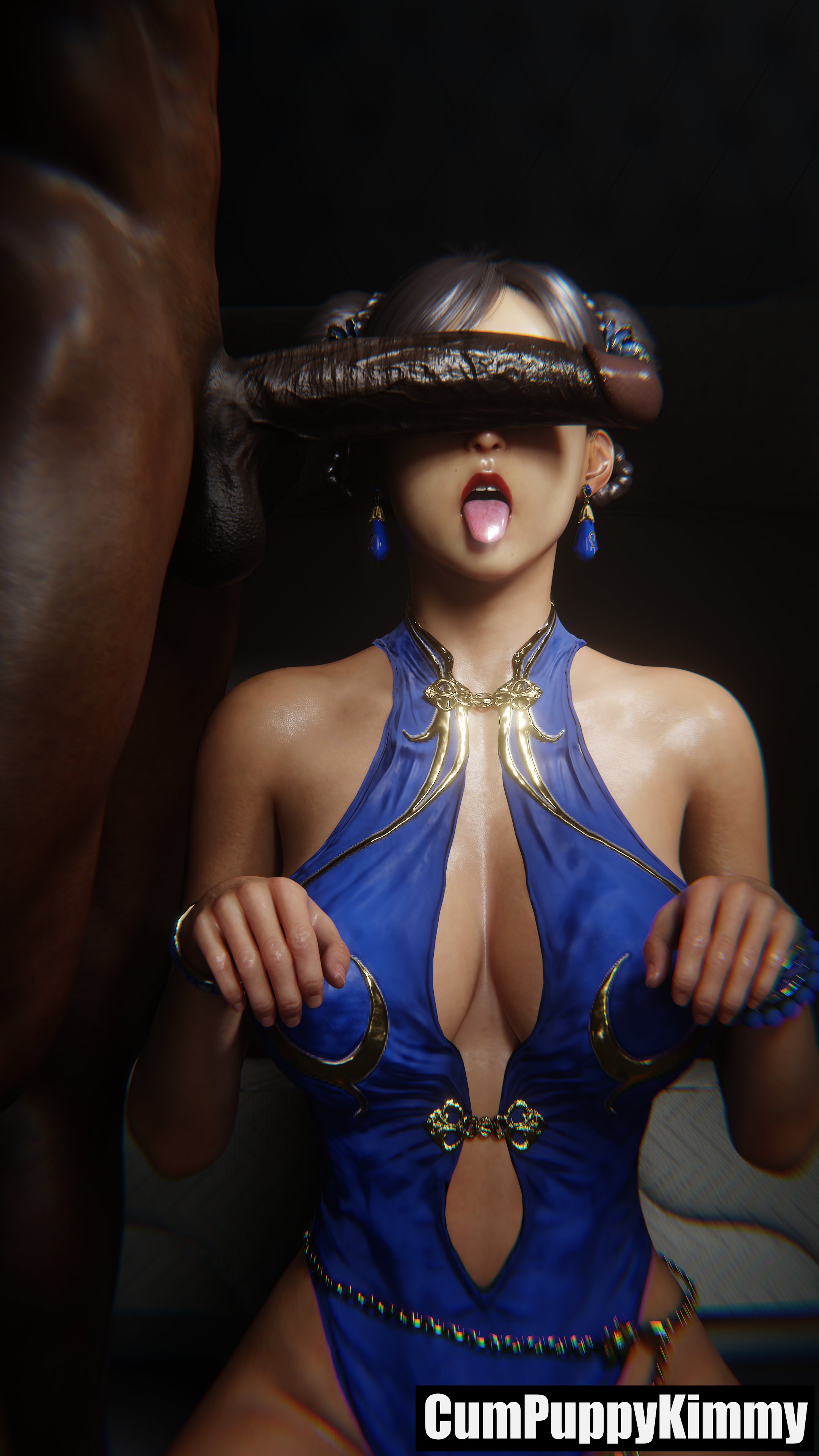 1boy, 1girls, 3d, asian female, big penis, chinese clothes, chinese female, chun-li, cock on face, cumpuppykimmy, dark skin, dark-skinned male, female, interracial, male, nude male, open mouth, partially clothed, penis, penis awe, puppyplay, street fighter, uncensored