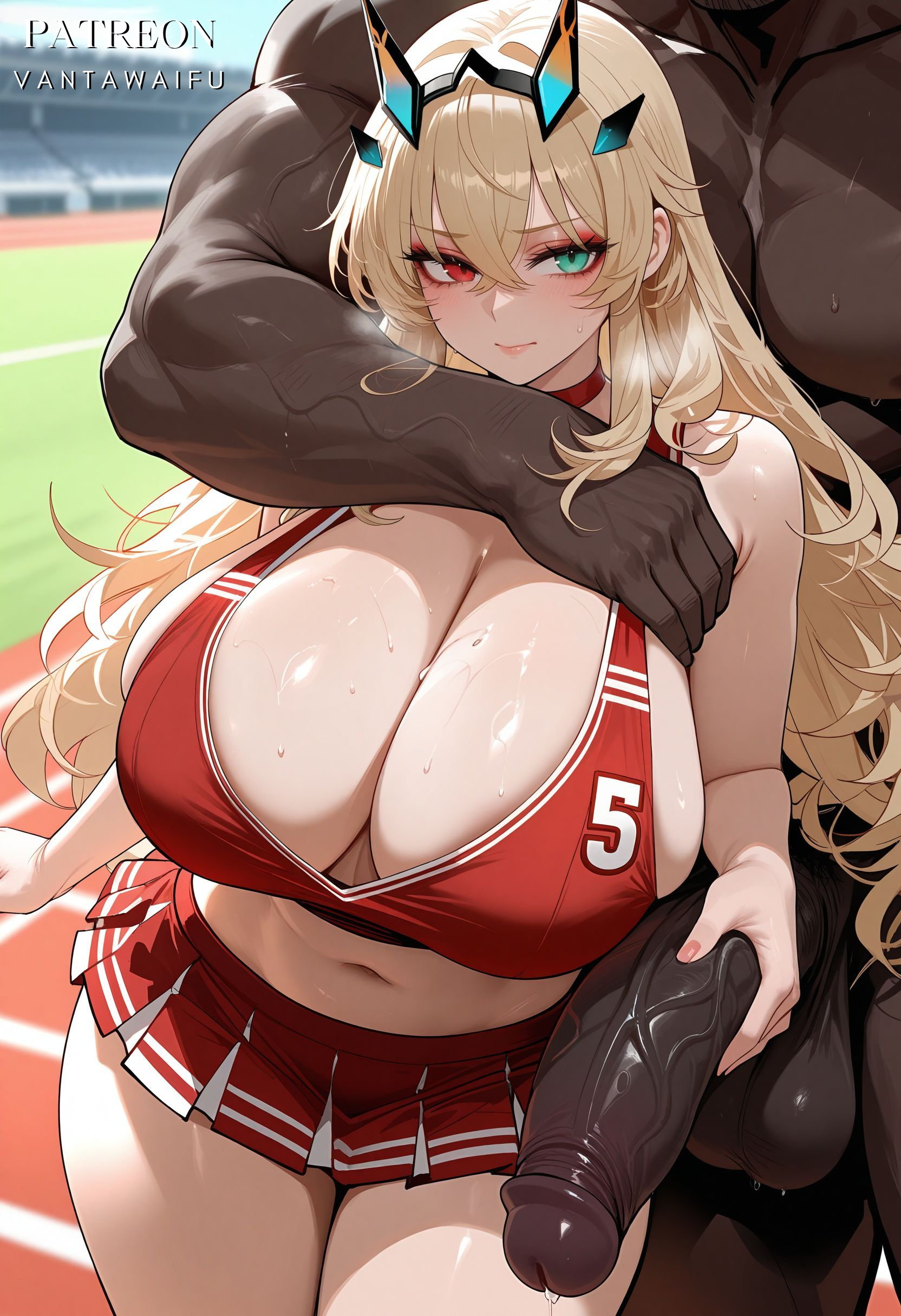 1boy, ai generated, arm around neck, balls, bangs, bare shoulders, barghest (fate), barghest (gawain) (fate), blonde hair, blush, breasts, cheerleader, choker, cleavage, closed mouth, clothed female nude male, clothing, crop top, dark skin, dark-skinned male, erection, fairy knight gawain (fate), fate (series), fate/grand order, female, green eyes, handjob, heterochromia, horns, huge breasts, huge cock, interracial, large breasts, large penis, long hair, looking at viewer, male, manly, microskirt, midriff, miniskirt, muscles, muscular, muscular male, navel, netorare, ntr, nude, patreon username, penis, pleated skirt, precum, red choker, red eyes, red shirt, red skirt, red sports bra, sideboob, skirt, smile, solo focus, straight, sweat, testicles, thick thighs, thighs, track and field, vantawaifu, veins, veiny penis
