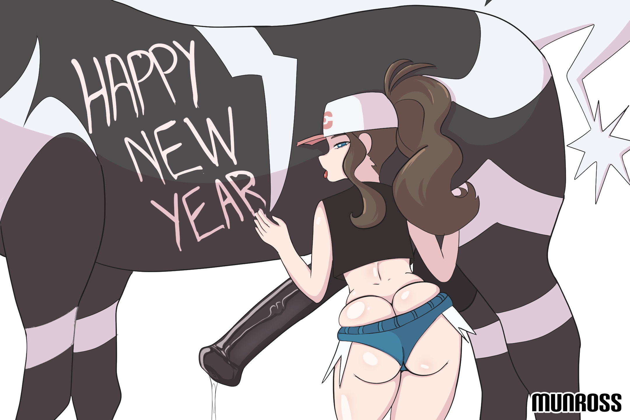 1boy, 1girls, 2026, animal genitalia, big ass, blue eyes, body writing, brown hair, clothed female, equine, equine genitalia, equine penis, female, feral, hilda (pokemon), horse, horse penis, horsecock, imminent sex, looking at viewer, munross, new year, penis, pokemon, pokemon (species), pokemon bw, pokephilia, precum, precum drip, short shorts, shorts, size difference, tongue out, veiny penis, year of the horse, zebstrika, zoophilia