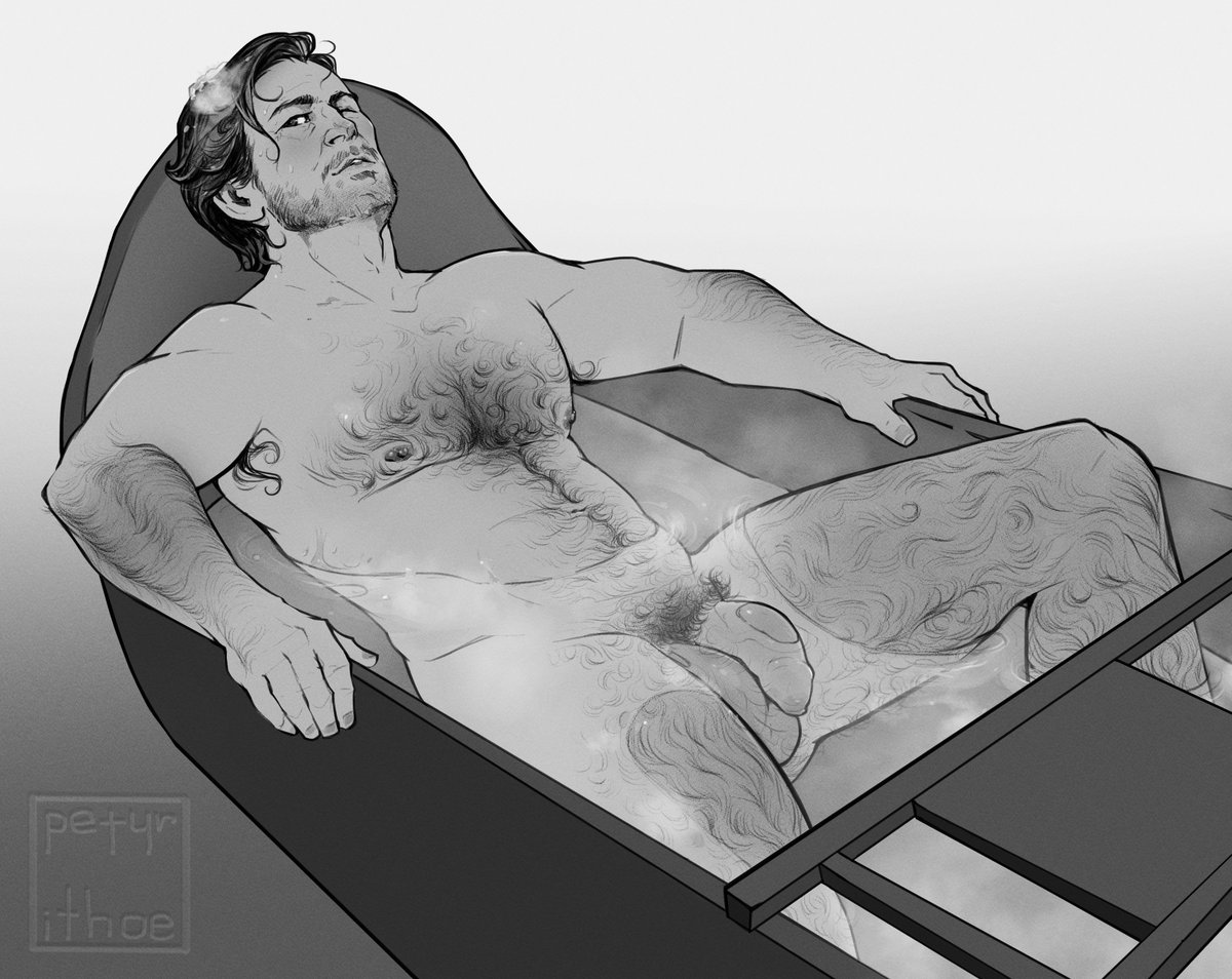 1boy, arthur morgan, bara, bathtub, chest hair, cock, dick, hairy, hairy chest, kinktober, kinktober 2025, male, male only, partially submerged, penis, petyrithoe, red dead redemption (series), red dead redemption 2, solo, taking a bath, yaoi