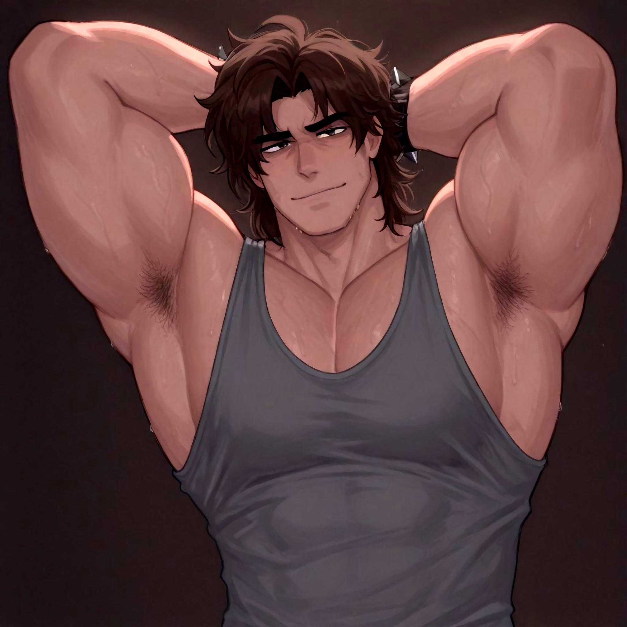 1boy, ai generated, armpit hair, armpits, arms behind head, arms up, bara, black eyes, brown hair, chest, chest hair, civitai, five nights at freddy's, five nights at freddy's 4, foxy bro, hairy, hairy armpits, hairy chest, hairy male, hands behind head, hot, hot man, korie07, light skin, light-skinned male, looking at viewer, male, male only, medium hair, messy, messy hair, michael afton, michael afton (yukinia), mullet, mullet (hairstyle), muscular, muscular male, sfw, shorts, simple background, solo, solo focus, solo male, sweat, sweating, sweaty, tank top, tanktop, teasing, teasing viewer, teenage male, teenager, yaoi