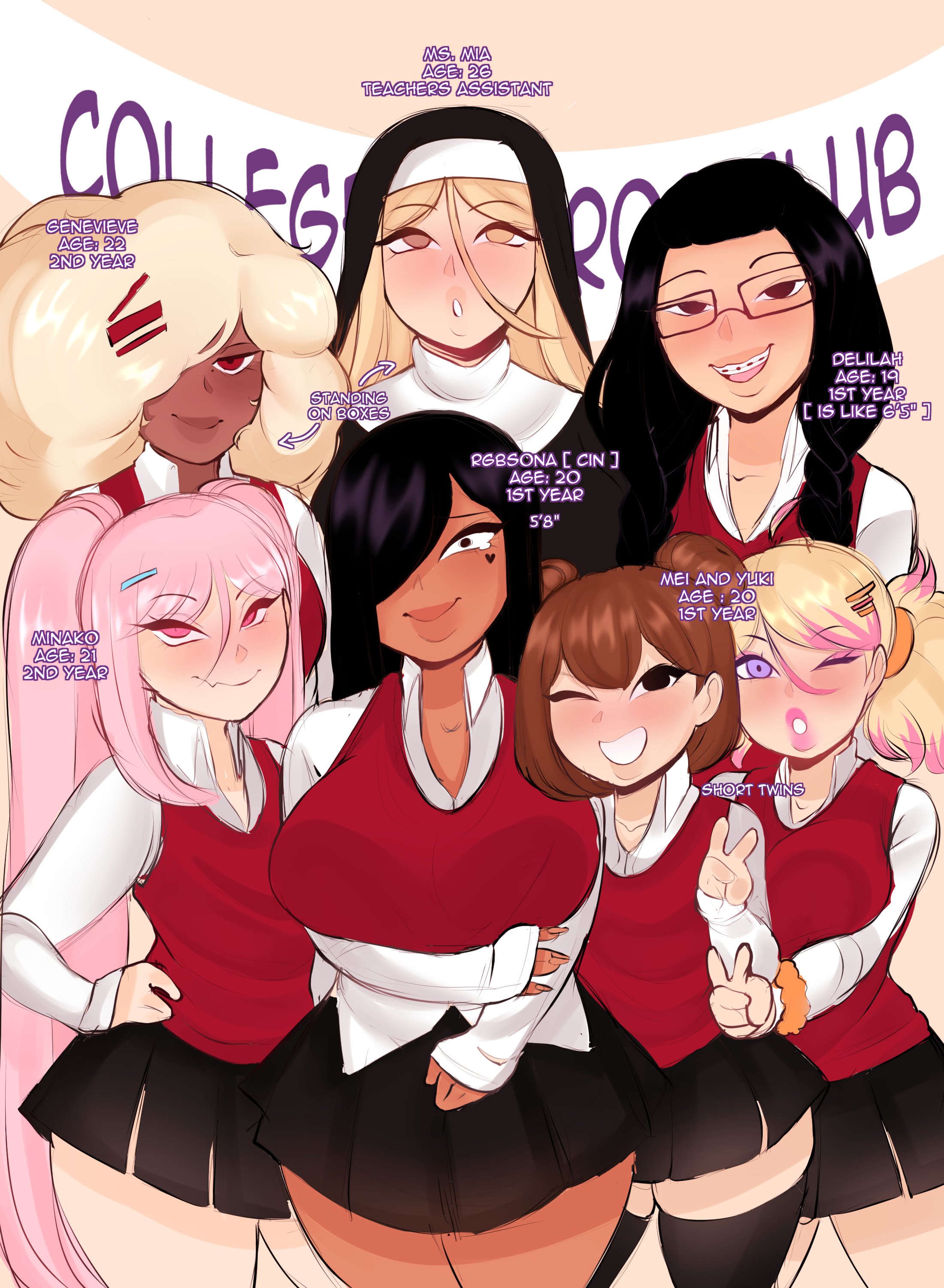 6+girls, 7girls, black hair, blonde hair, braces, cinnabus, cinnabus drew a white woman, dark-skinned female, delilah (cinnabus), female, genevieve (cinnabus), glasses, latina, light-skinned female, long hair, looking at viewer, mei (cinnabus), minako (cinnabus), ms. mia (cinnabus), nun, original, original character, original characters, pink eyes, pink hair, red eyes, school uniform, schoolgirl, short hair, shy, skirt, smile, smiling, smiling at viewer, sona (cinnabus), student, tagme, teacher, teacher and student, teeth, teeth showing, teeth visible, thick, thick bottom lip, thick legs, thick lips, thick thighs, thigh highs, thighhighs, thighs, wink, winking at viewer, yuki (cinnabus), yuri