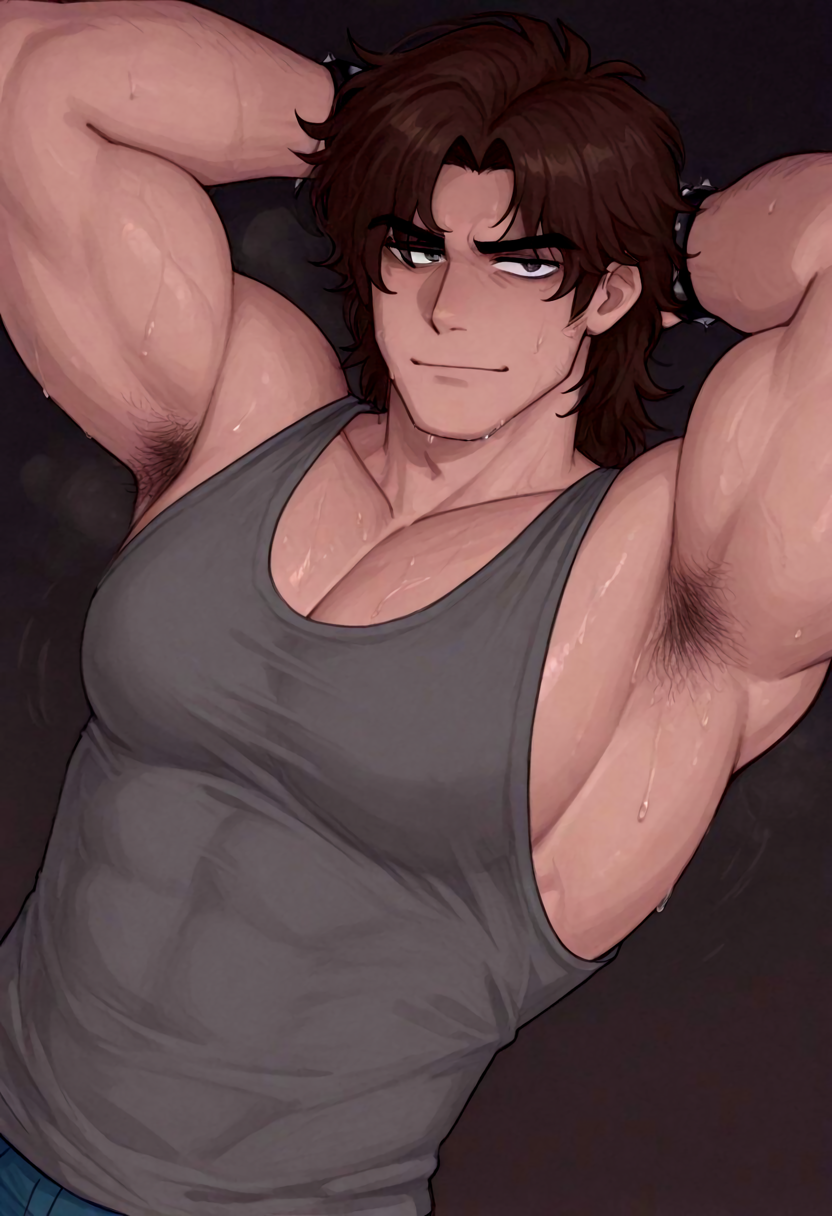 1boy, ai generated, armpit hair, armpits, arms behind head, arms up, bara, black eyes, brown hair, chest, chest hair, civitai, five nights at freddy's, five nights at freddy's 4, foxy bro, hairy, hairy armpits, hairy chest, hairy male, hands behind head, hot, hot man, korie07, light skin, light-skinned male, looking at viewer, male, male only, medium hair, messy, messy hair, michael afton, michael afton (yukinia), mullet, mullet (hairstyle), muscular, muscular male, sfw, shorts, simple background, solo, solo focus, solo male, sweat, sweating, sweaty, tank top, tanktop, teasing, teasing viewer, teenage male, teenager, yaoi