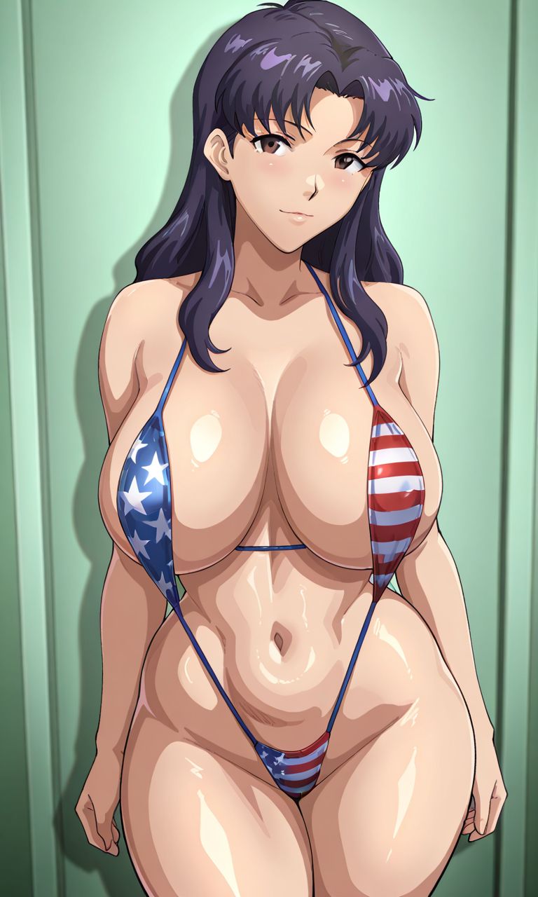 1girls, ai generated, american flag bikini, big breasts, curvy, curvy body, curvy female, curvy figure, female, female only, huge breasts, katsuragi misato, kyoru189, large breasts, light skin, light-skinned female, long hair, mature female, milf, misato katsuragi, mommy, neon genesis evangelion, shiny, shiny skin, sling bikini, solo, solo female