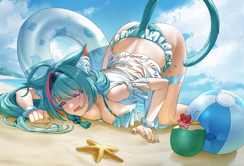 1girls, absurdres, animal ear fluff, animal ears, aqua hair, artist request, ball, beach, beachball, bikini, bikini skirt, blue bikini, blue nails, blue sky, breasts, cat ears, cat girl, cat tail, cleavage, cloud, colored eyelashes, female, female only, highres, innertube, large breasts, mint (neverness to everness), multicolored hair, nail polish, neverness to everness, official alternate costume, open mouth, outdoors, pink hair, pink streaks, sand, skirt, sky, solo, source request, starfish, streaked hair, swim ring, swimsuit, tagme, tail, thigh strap, top-down bottom-up, white skirt