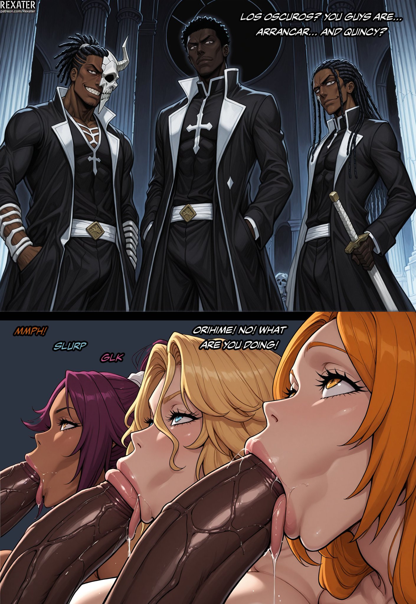 ai generated, bleach, blonde, blonde female, blonde hair, blonde hair female, blonde-haired female, comic, comic page, dark penis, dark-skinned male, female, inoue orihime, matsumoto rangiku, netorare, ntr, rexater, shihouin yoruichi, tagme, yellow hair, yellow hair female